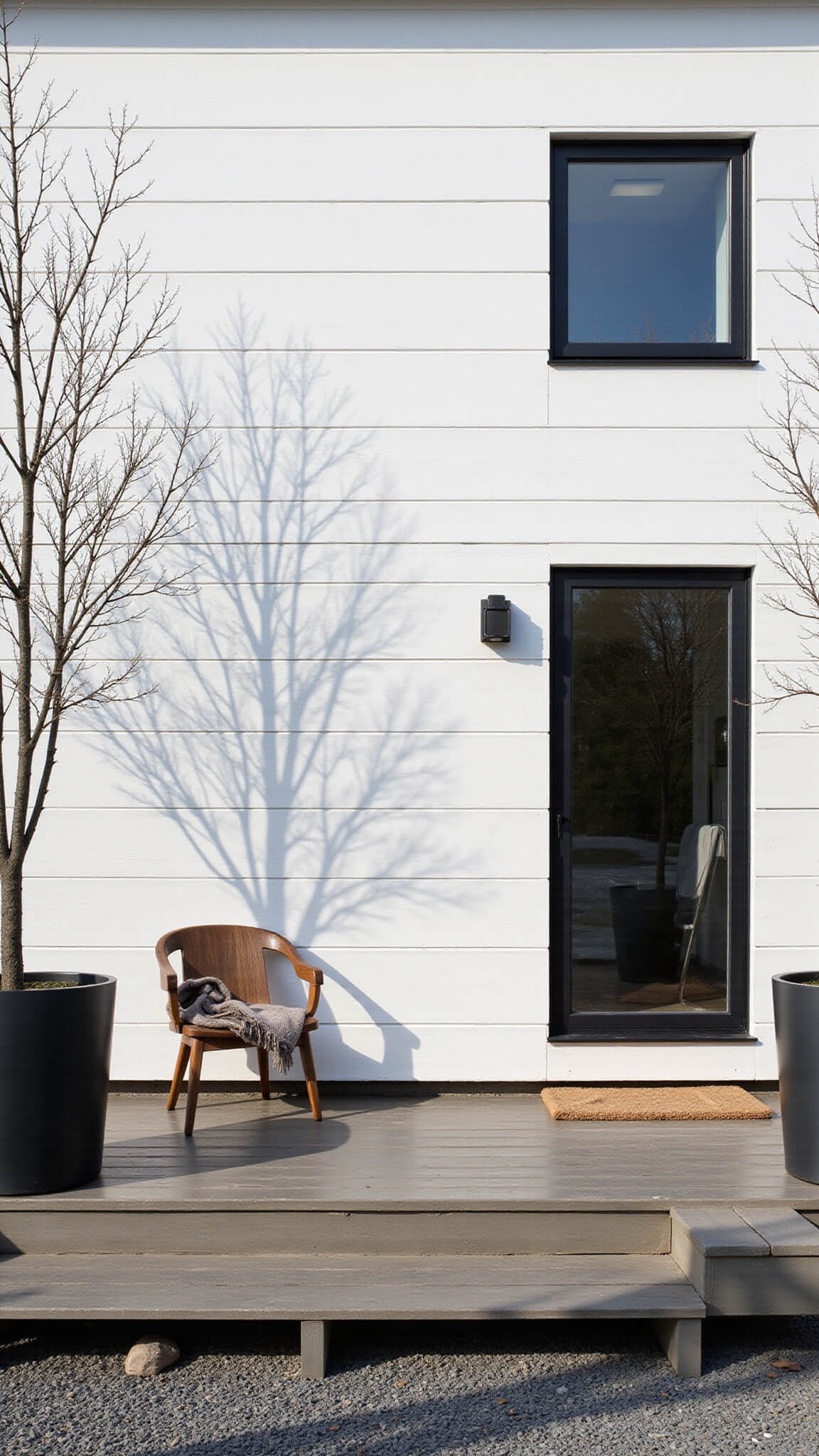 Scandinavian minimalist white cabin with black-framed windows and geometric shadows, framed symmetrically with birch trees in black planters and a vintage chair on a floating deck.