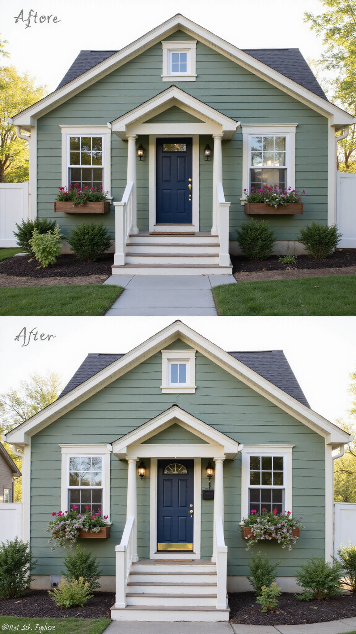 Before and after of 800 sq ft cabin makeover with sage green siding, cream trim, navy door, new porch lights, and person arranging flowers in DIY window boxes.