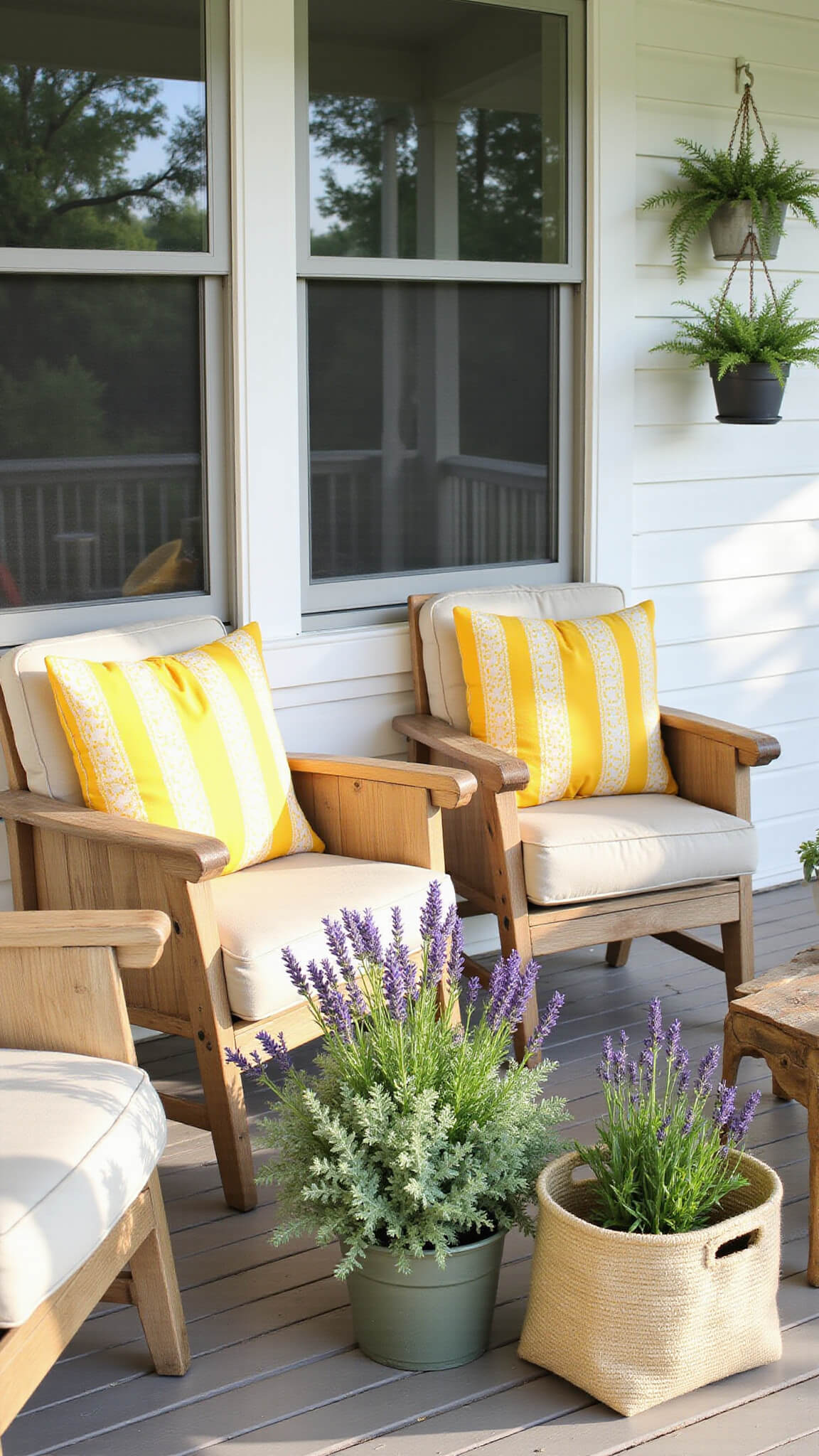 Teak porch furniture with striped cushions, hanging ferns, potted lavender, and a vintage basket of wildflowers in soft morning light.