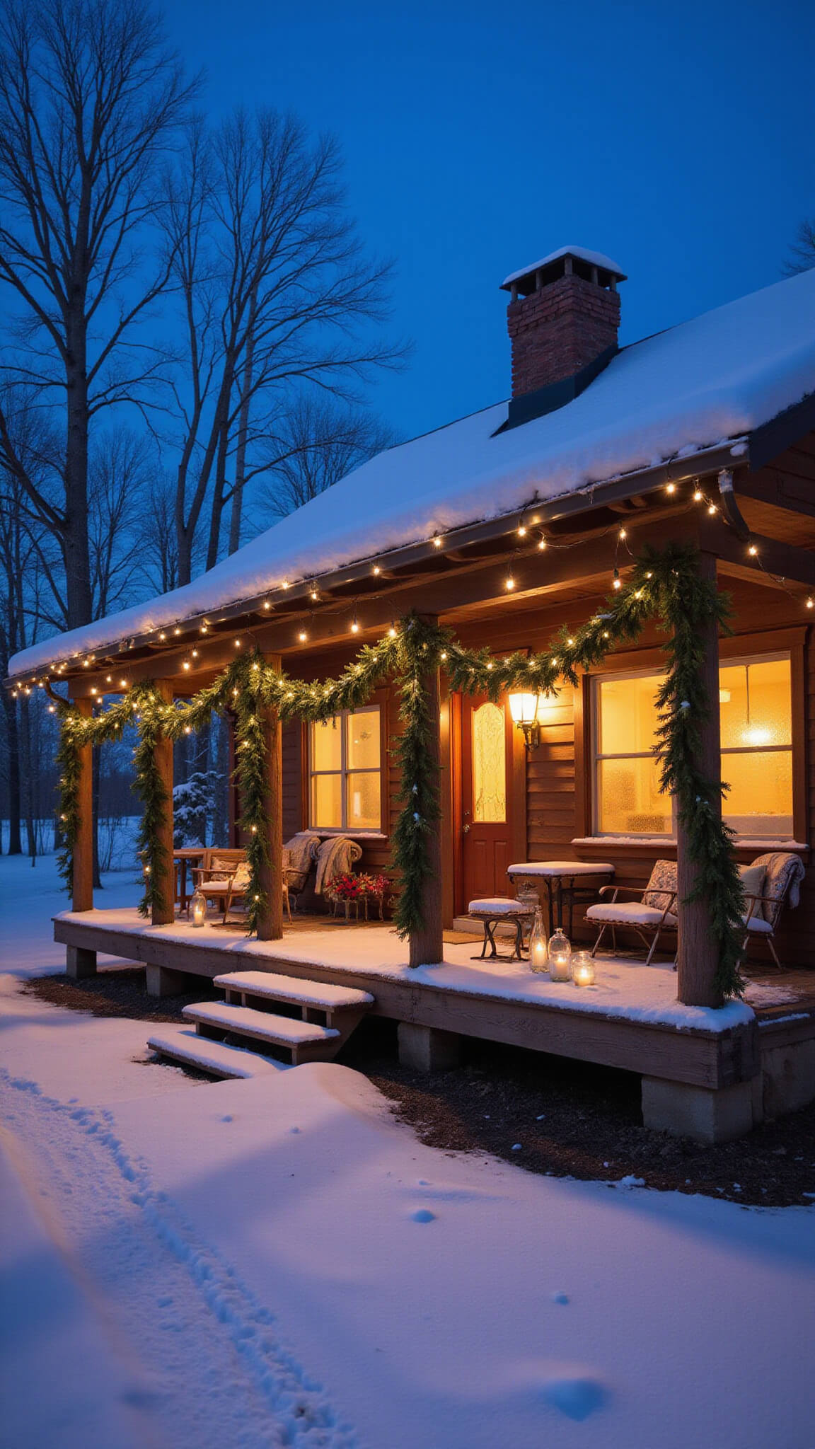 Snow-covered cabin at blue hour with glowing windows, evergreen garlands, vintage sleds, and string lights, viewed from above showing cozy winter decor.