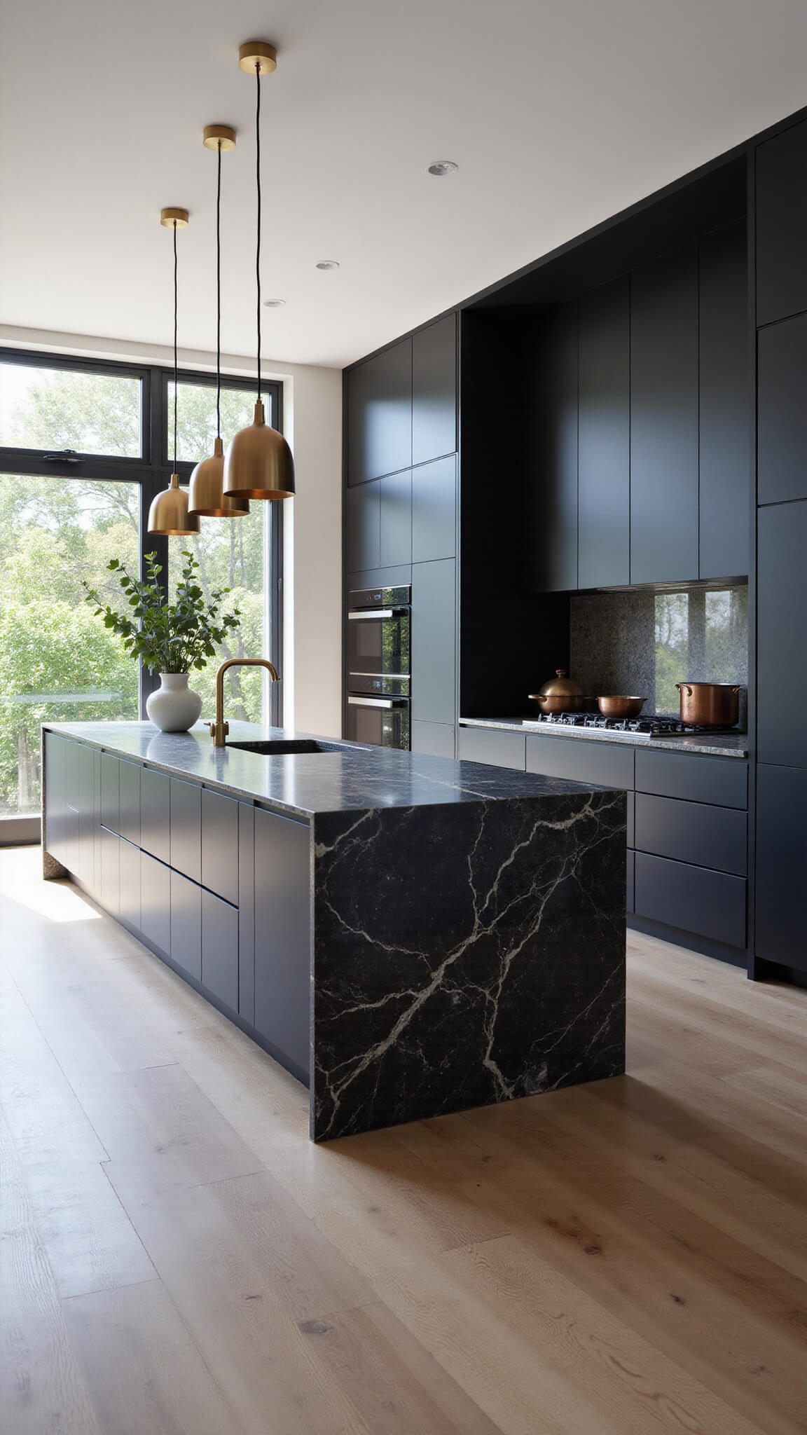 Modern black kitchen with matte cabinets, marble island, brass lighting, and natural morning light.