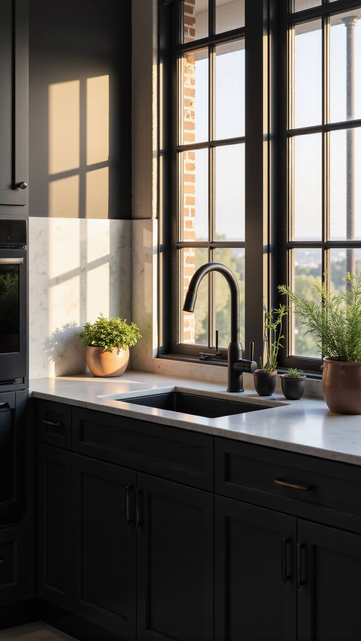 Luxury black kitchen corner with matte cabinetry, white quartzite backsplash, and sunlit shadows from industrial windows.