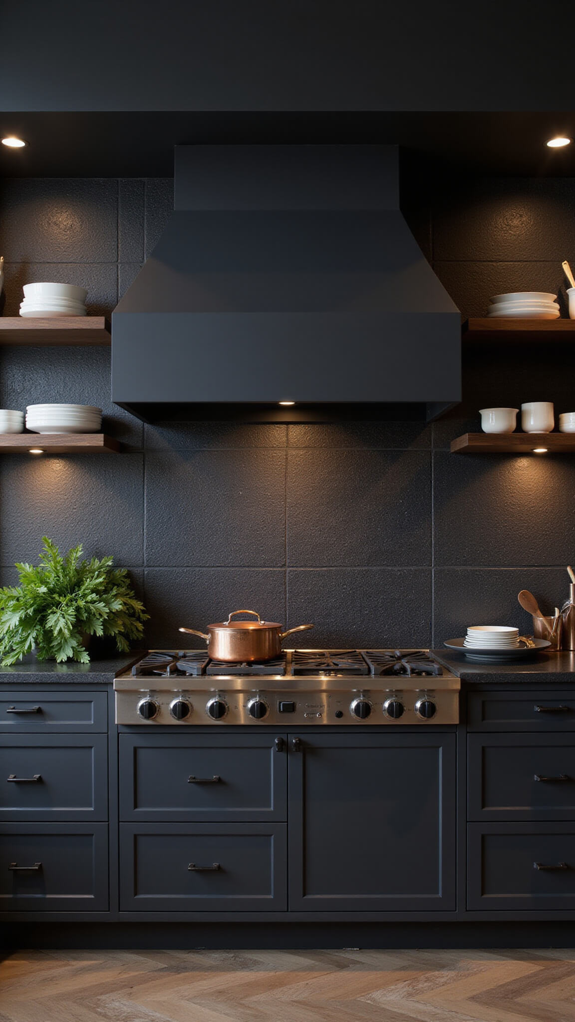 Modern black kitchen at dusk with matte black range hood, stainless steel range, copper cookware, and under-cabinet lighting.