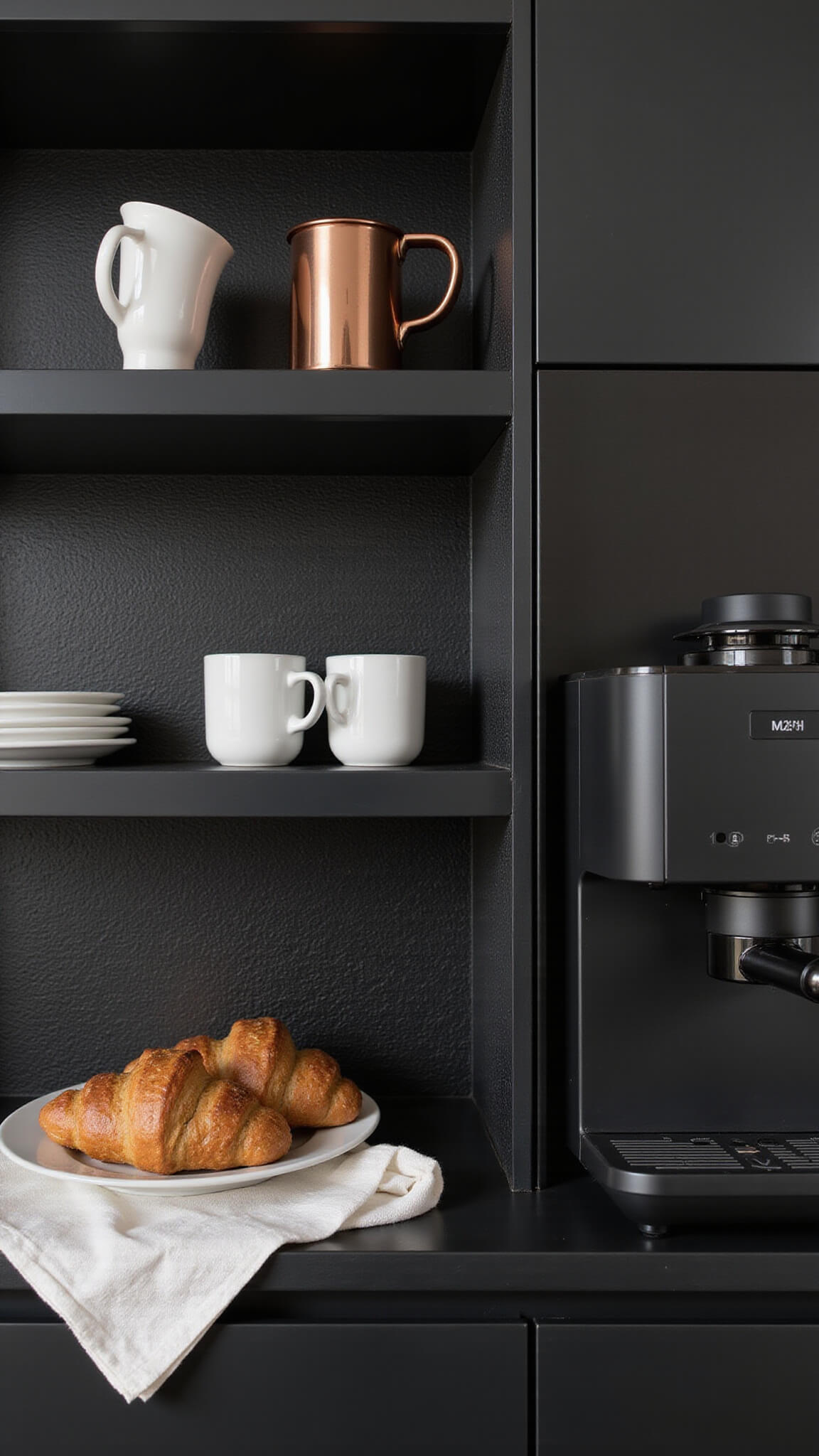 Close-up of modern black kitchen coffee station with textured tile backsplash, white mugs, copper accessories, and croissants in soft sunrise light.