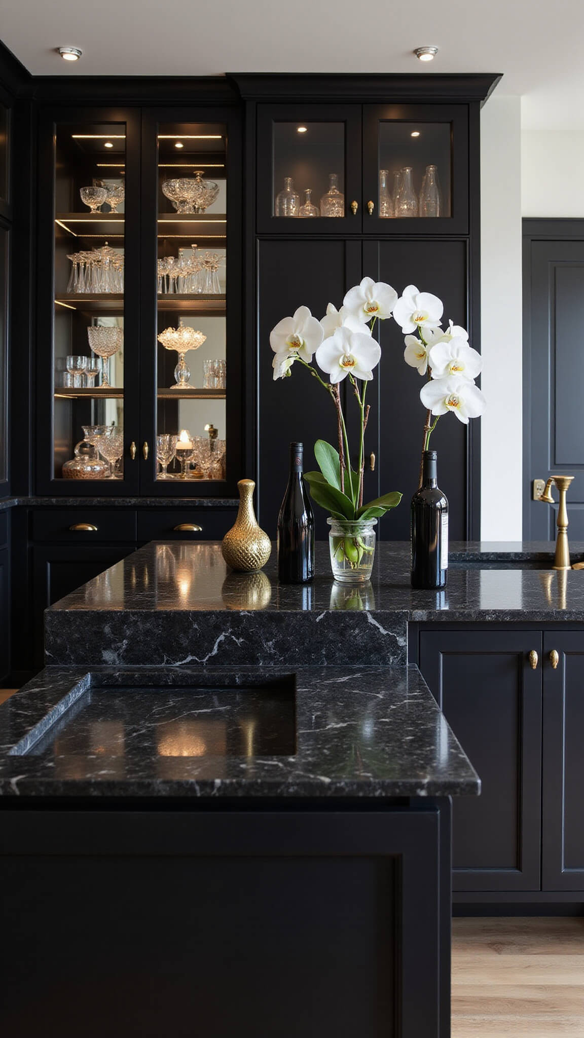 Twilight view of sleek black kitchen with backlit glass cabinets, marble island, and moody LED lighting.