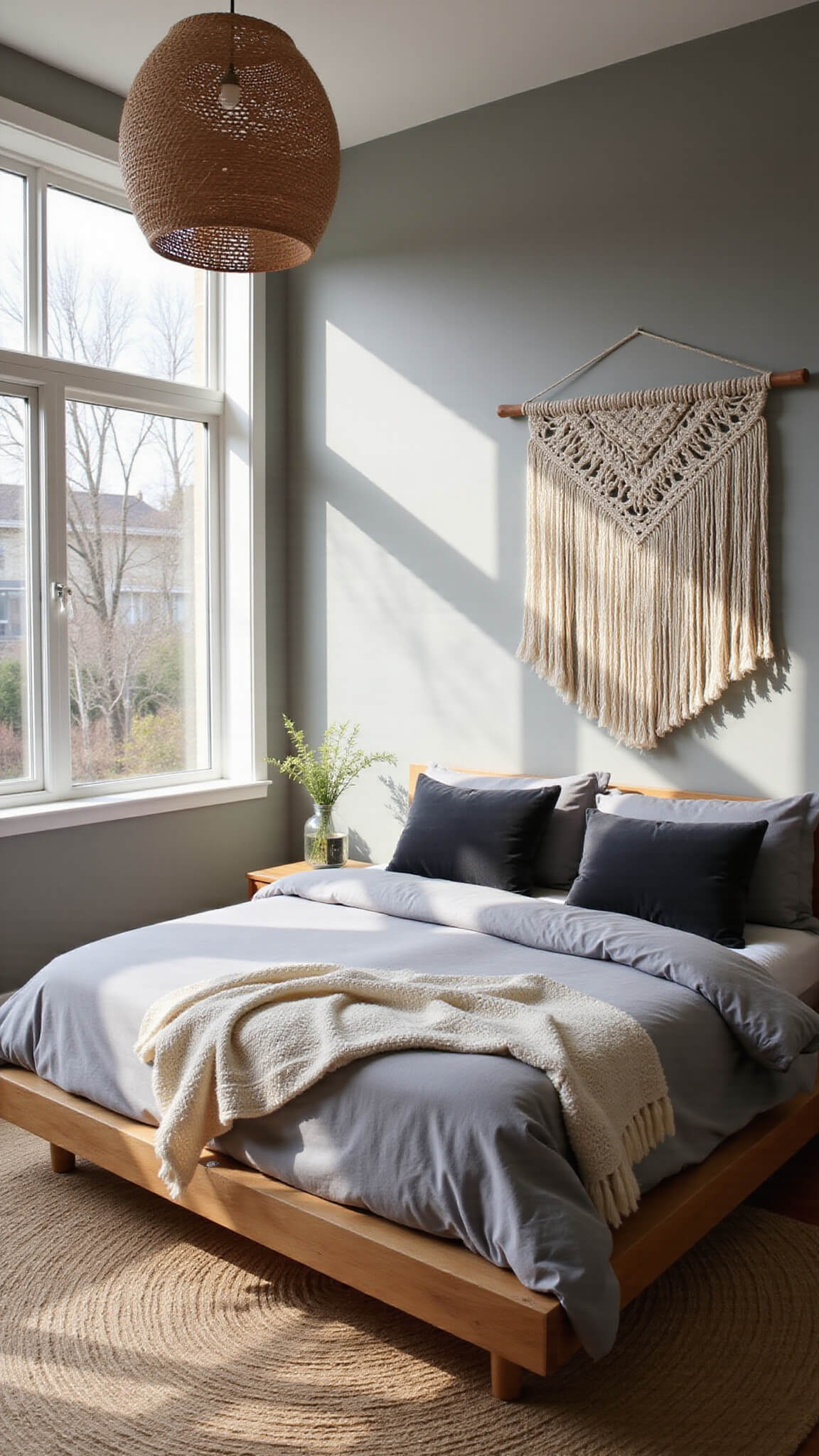 Cozy 14x16ft bedroom with platform bed in grey linens, macramé wall hanging, rattan pendant light, and morning light through floor-to-ceiling windows.