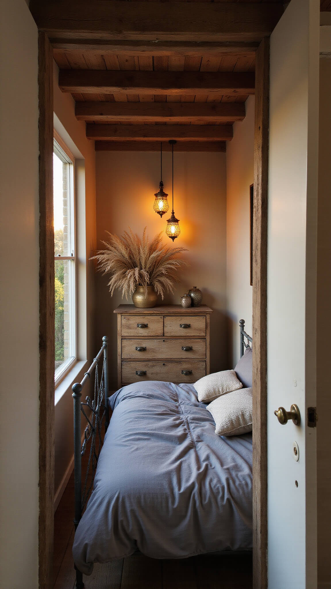 Cozy 12x12ft bedroom nook with exposed wooden beams, a matte grey vintage iron bed, earth-toned pillows, Moroccan lanterns, and a rustic wooden dresser with pampas grass, bathed in golden hour light.