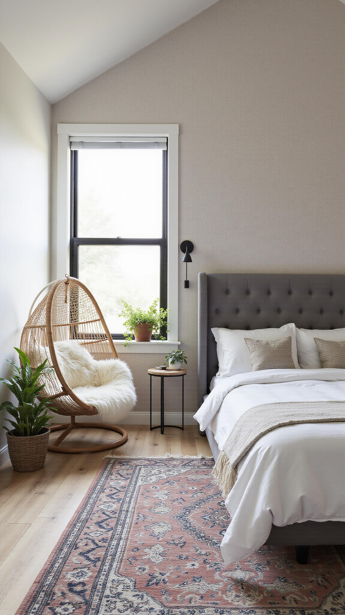 Modern boho bedroom with vaulted ceiling, grey upholstered headboard, layered Moroccan rugs, wicker hanging chair with sheepskin, potted plants by window, and black metal sconces, viewed from above.