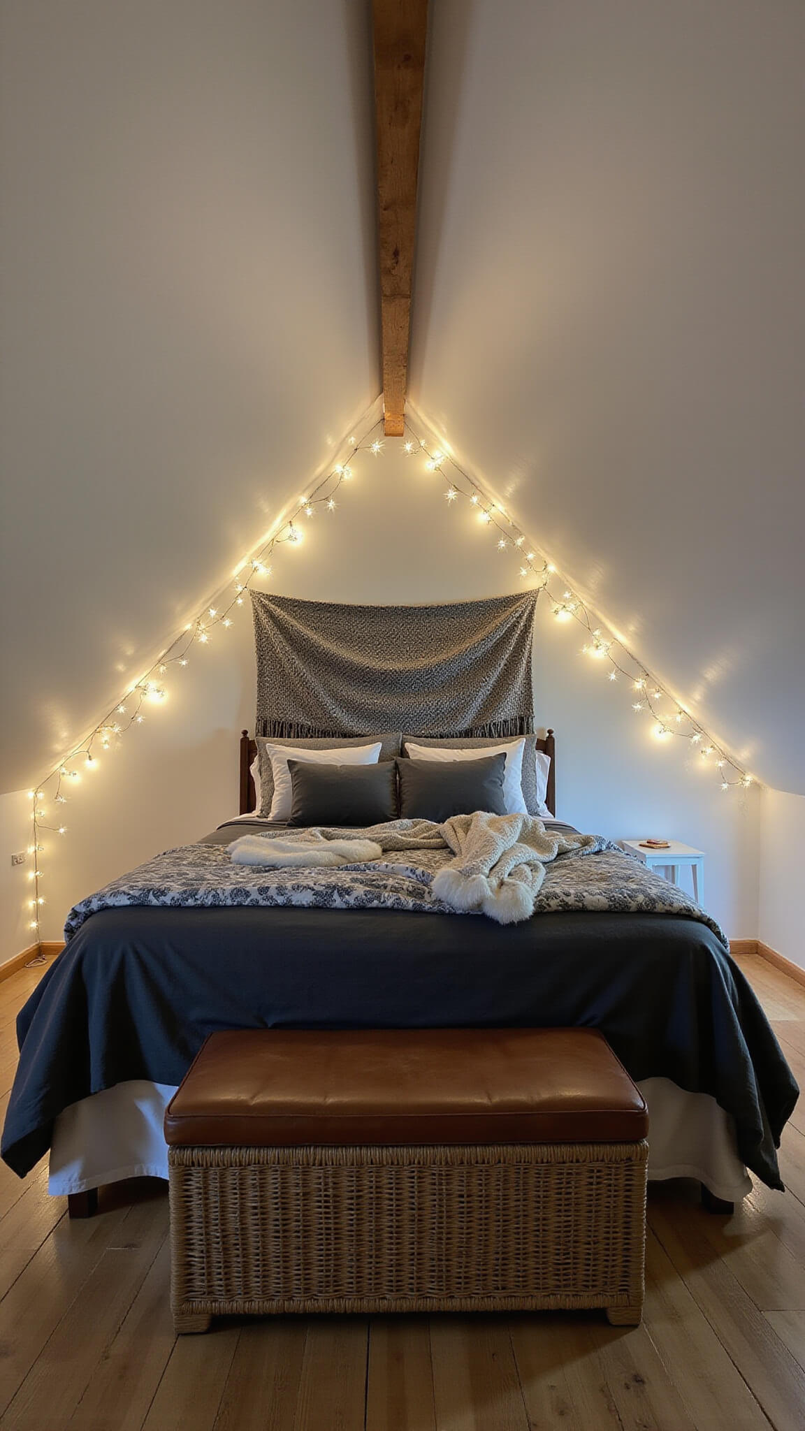 Cozy attic bedroom with slanted ceiling, queen bed in charcoal bedding, geometric throws, rattan bench, wall tapestry, and starry string lights at dusk.