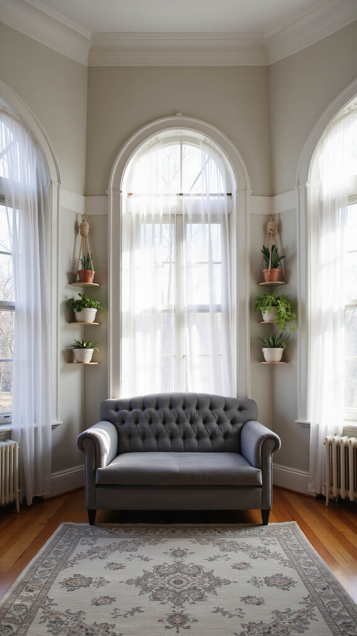 Sunlit corner bedroom with grey tufted bed between arched windows, layered sheer curtains, faded grey Persian rug, ceramic succulents on shelves, and macramé plant hangers.