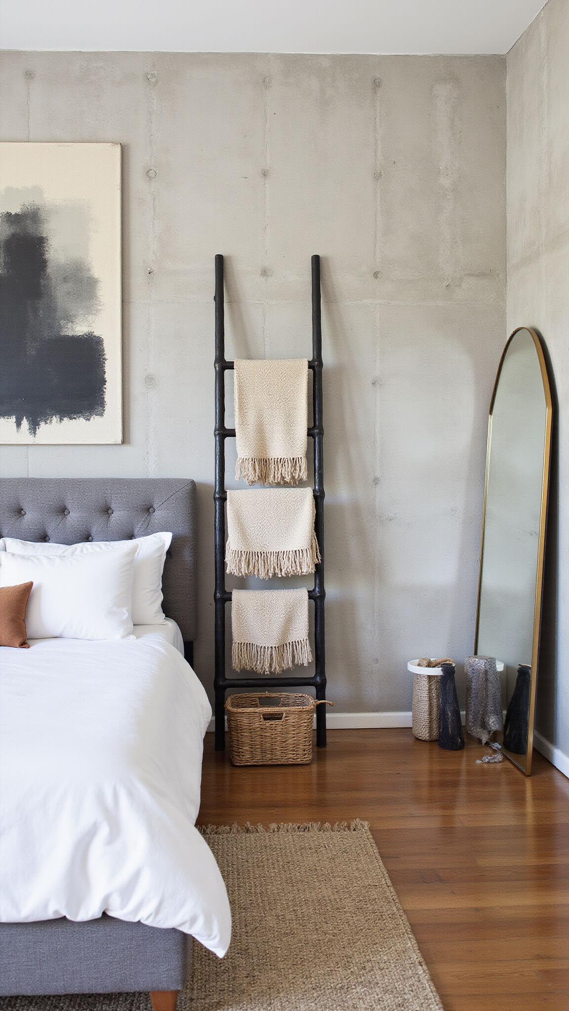 Contemporary boho bedroom with concrete accent wall, grey bouclé platform bed, abstract textile art, black bamboo ladder with throws, and brass-framed floor mirror.