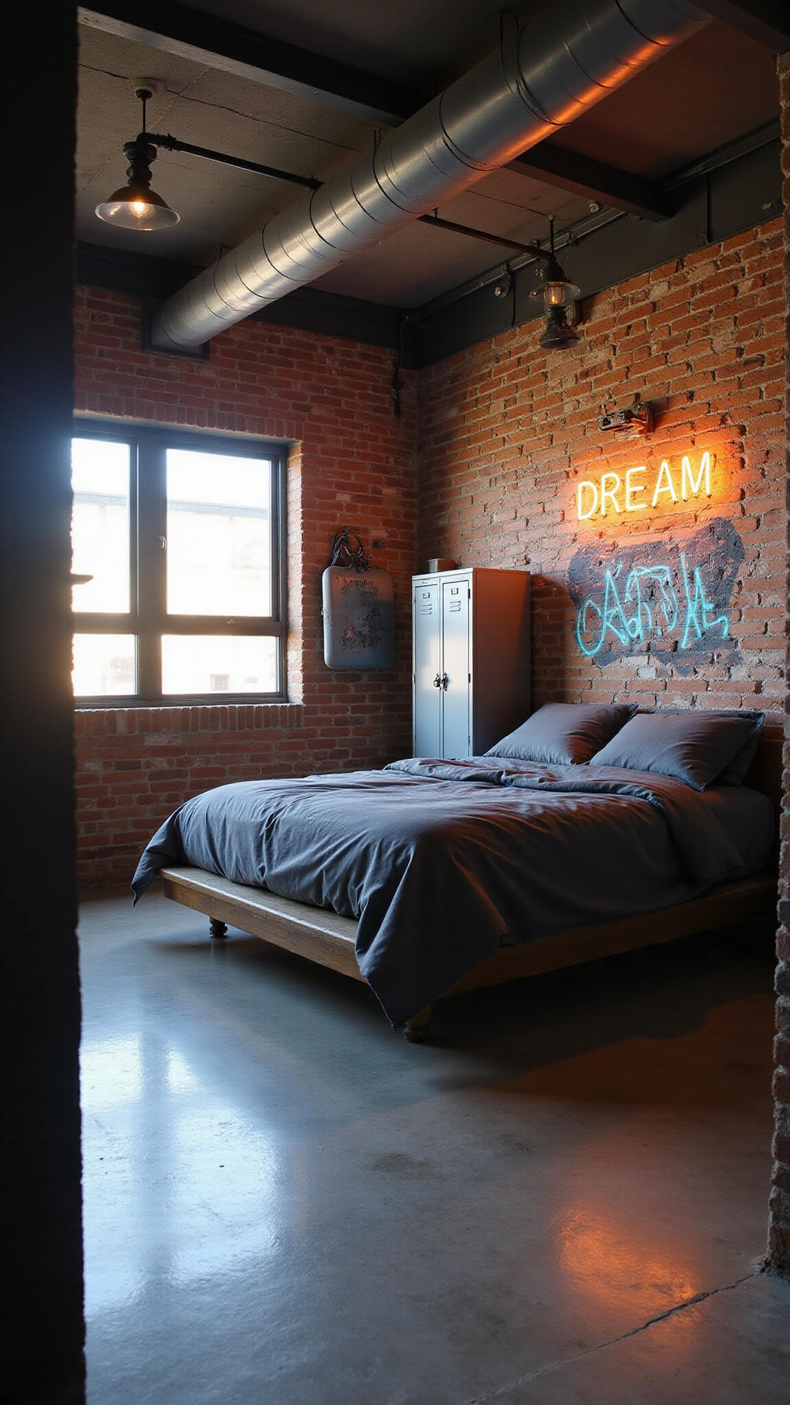 Industrial loft bedroom with exposed brick, king bed, graffiti mural, and warm golden hour light filtering through factory windows.