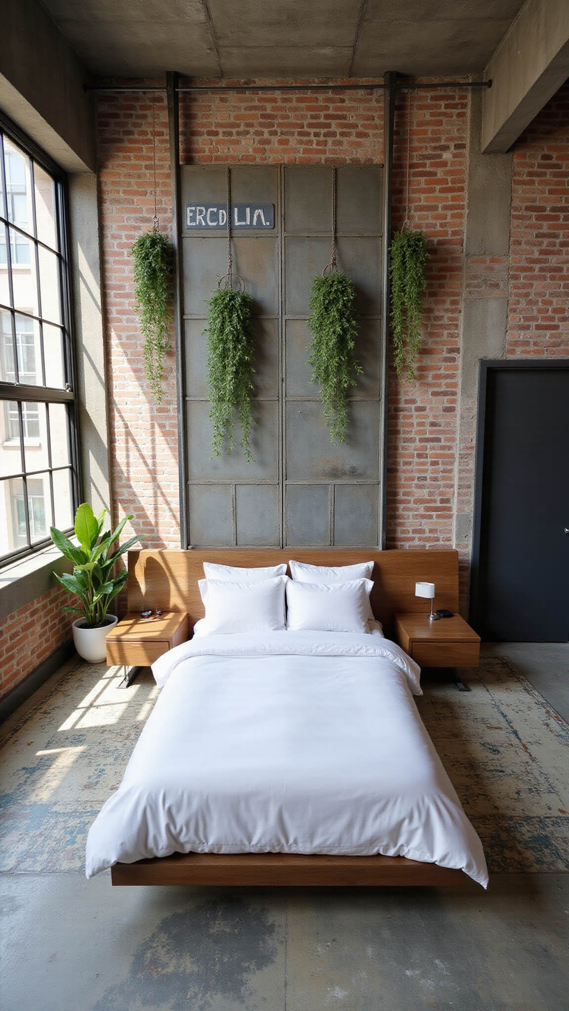 Overhead view of a minimalist warehouse bedroom with a floating white bed, urban map floor design, hanging plants on metal dividers, vintage street sign wall art, and natural sunlight streaming through steel-framed windows.