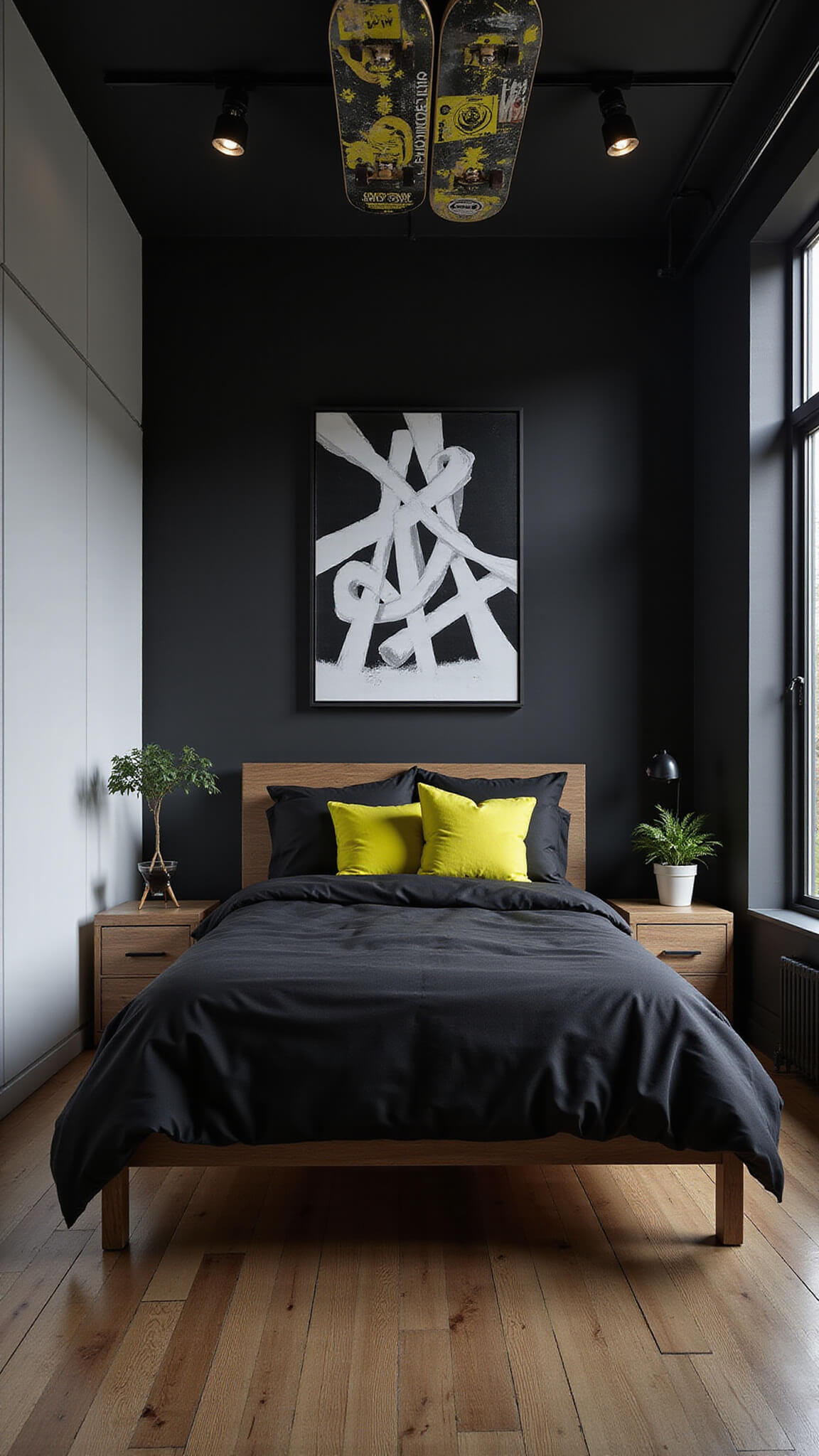 Eye-level wide shot of a moody 11x13ft bedroom at dusk with black accent wall featuring white geometric street art, queen bed in black bedding with neon yellow accents, industrial rolling cart nightstands, and suspended skateboard deck ceiling installation.
