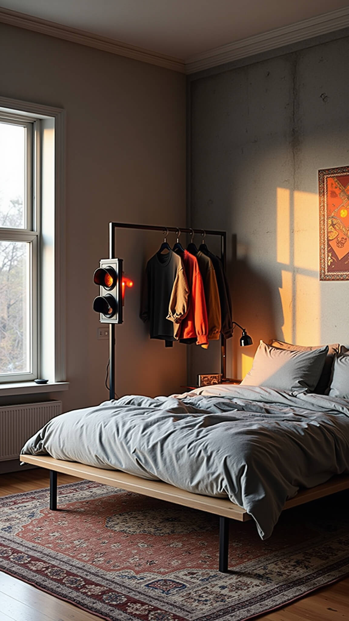 Sunlit bedroom corner with concrete feature wall displaying projection-mapped urban art, gray linen platform bed on Persian rug, steel clothing rack with streetwear, and repurposed traffic light floor lamp.