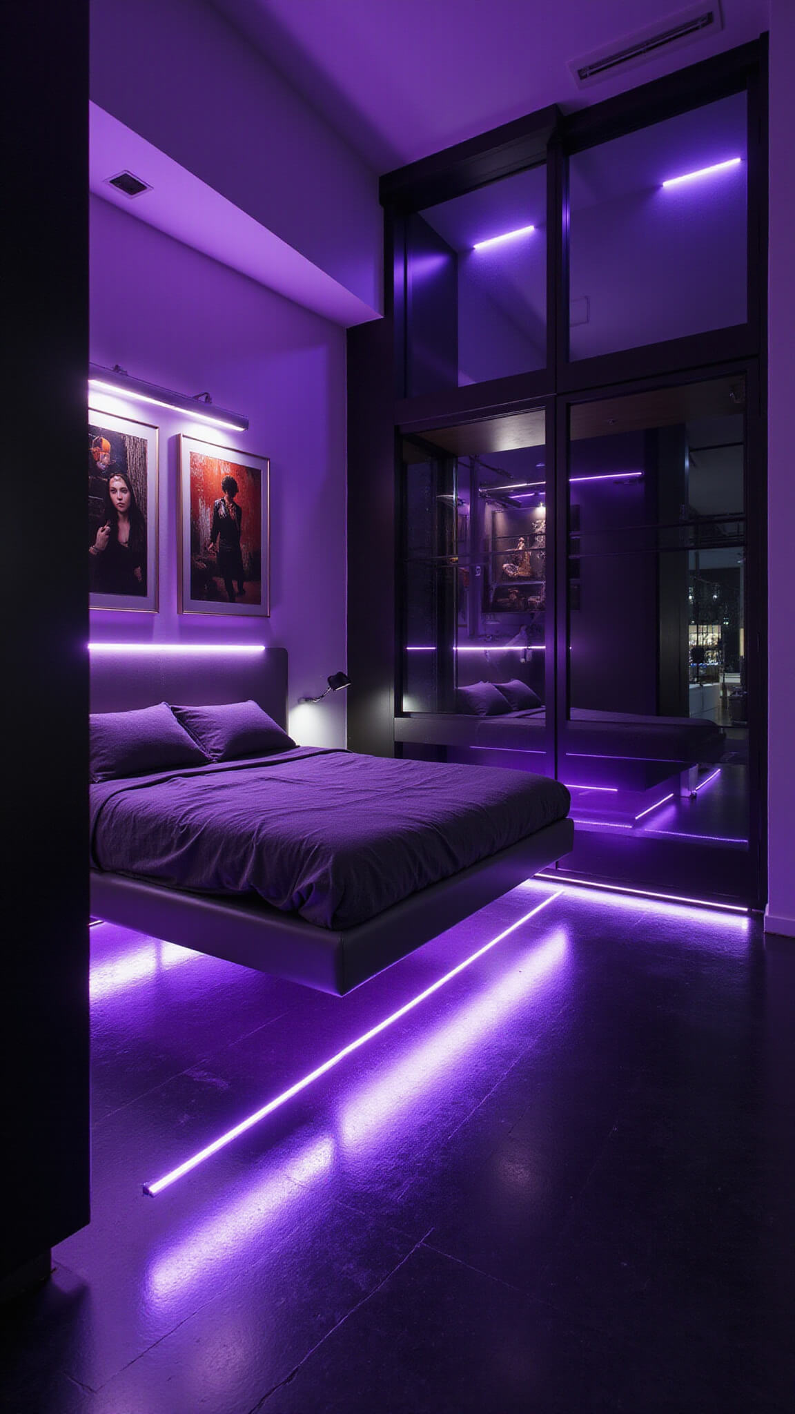 Dutch angle view of a futuristic 12x12ft bedroom at midnight with purple-blue LED lighting, floating bed over glossy black floors, steel-framed street photography on walls, and industrial shelving casting geometric shadows.