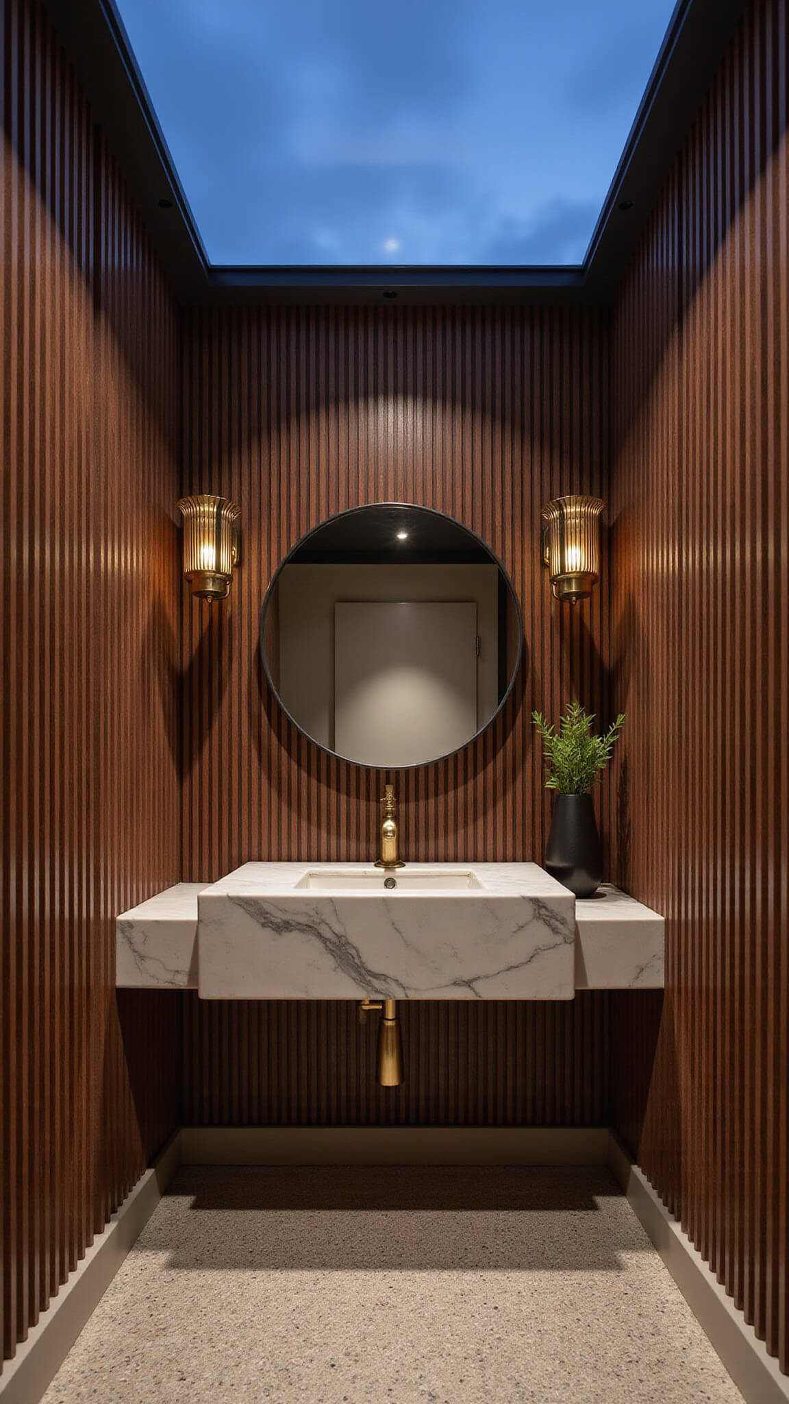 Low-angle view of moody powder room with walnut slat wall, marble vanity, brass sconces, circular mirror, terrazzo floor, and skylight illumination.