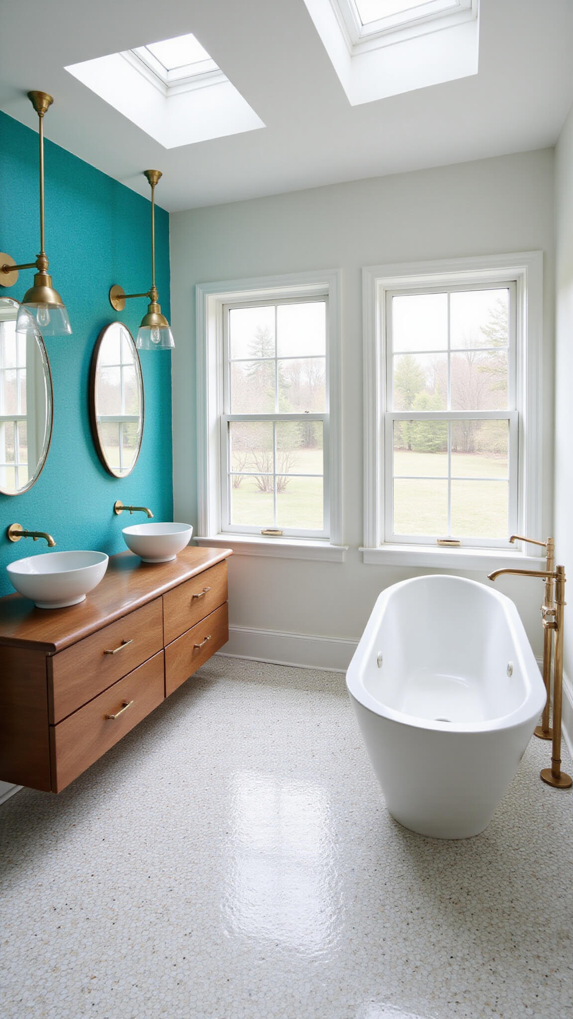 Bird's eye view of a 10x12ft bathroom with white penny tile floor, mahogany double vanity, turquoise accent wall, brass pendant lights, matte white floor-mounted tub, and natural light from clerestory windows.