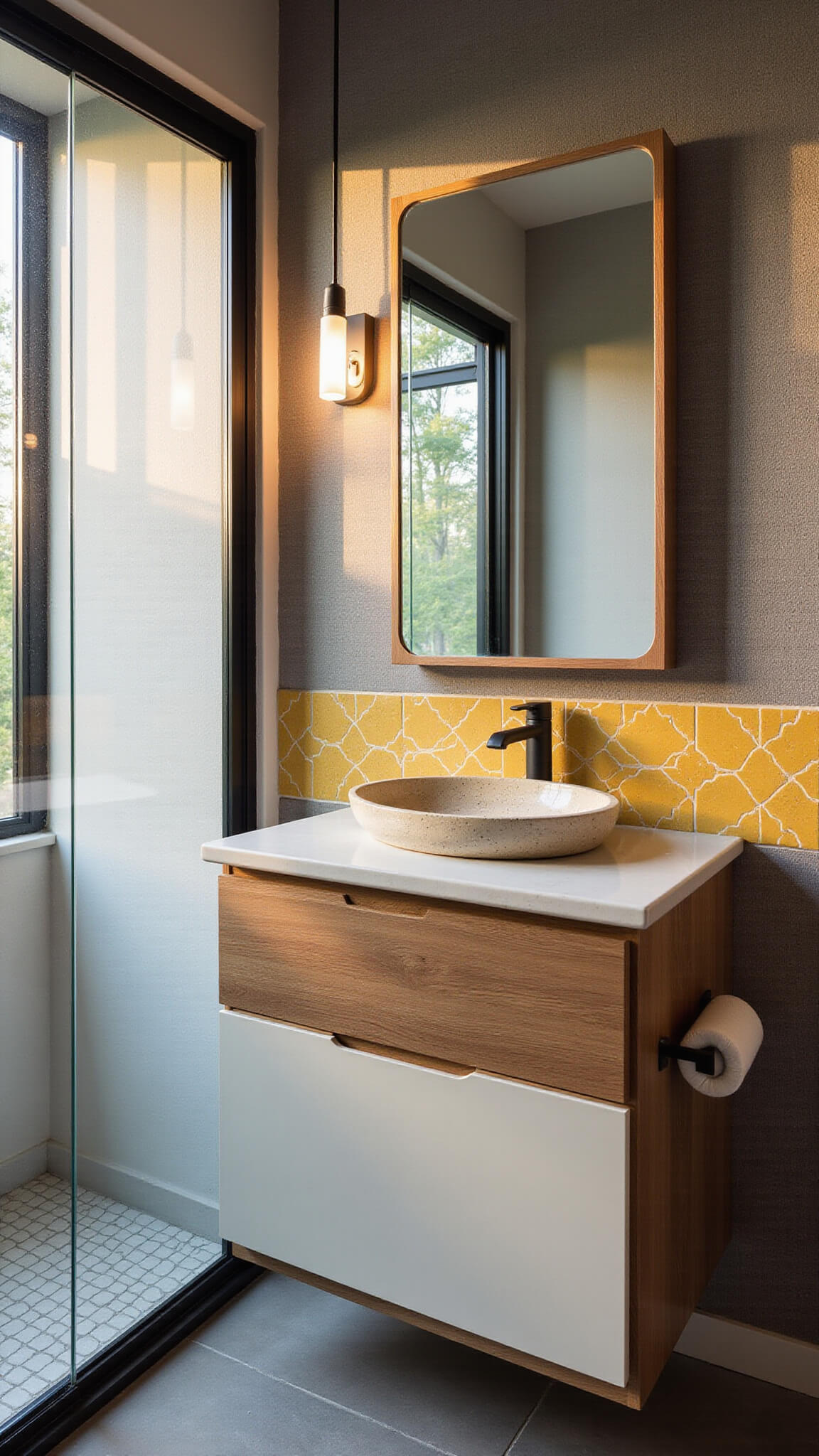 Corner view of serene 9x11ft bathroom at sunrise with floating teak and white vanity, ceramic vessel sink, mustard yellow tile backsplash, and black-framed ribbed glass shower enclosure.
