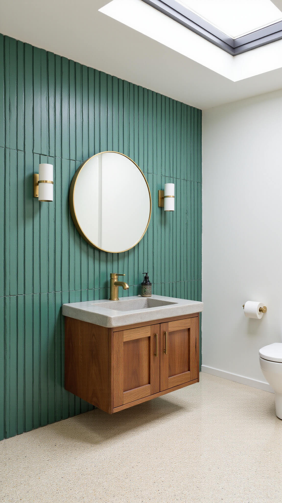 Modern 11x13ft bathroom with jade green tiled statement wall, round brass mirror, floating concrete vanity, walnut cabinet, terrazzo floor with brass inlays, and skylights illuminating natural textures.