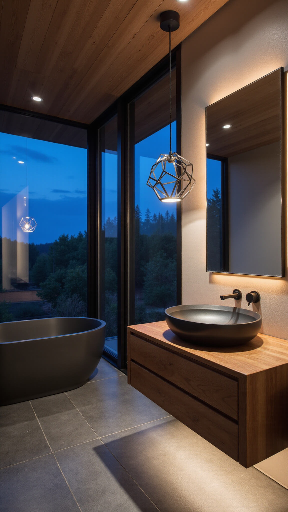 Modern 10x15ft bathroom at twilight with floating eucalyptus vanity, charcoal floor tiles, black geometric pendant, and floor-to-ceiling windows showcasing moody evening sky.