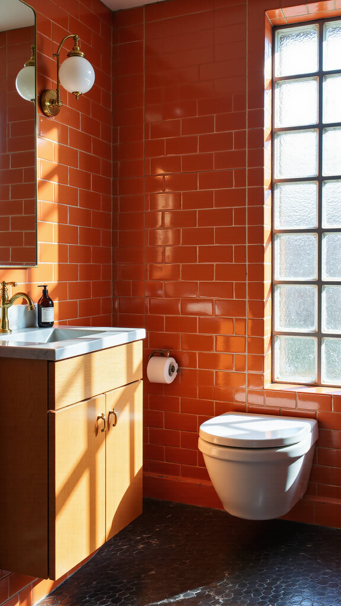 Close-up of bathroom corner with burnt orange tiles, brass faucet, oak vanity, marble top, black hex floor, vintage sconce, and frosted glass block window in morning light.