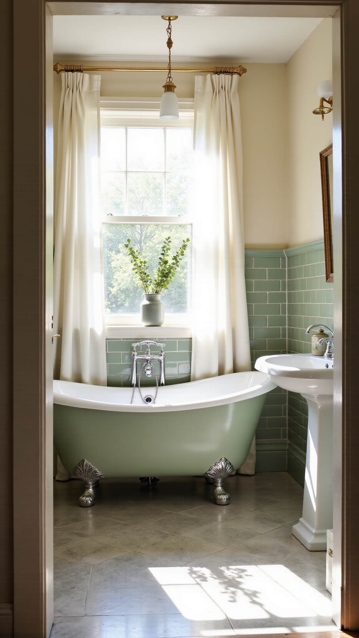 Vintage modern bathroom with clawfoot tub under window, soft morning light, sage green tiles, brass mirror, and herringbone marble floor.