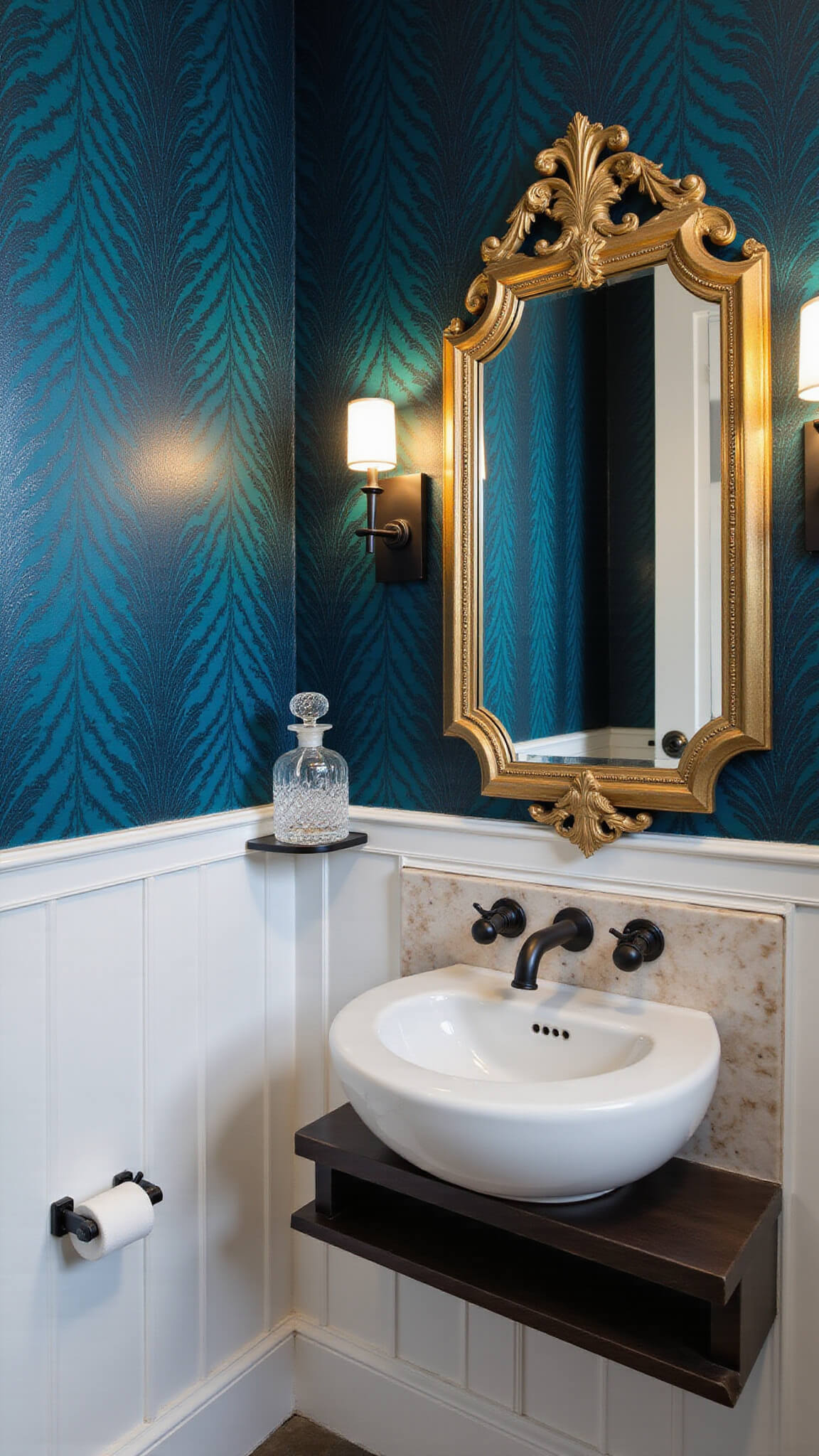 Low-angle view of a moody, intimate 6x8ft powder room at dusk, featuring peacock blue Art Deco wallpaper, white wainscoting, brass faucet, antique marble backsplash, ornate Victorian mirror, warm sconces, matte black hardware, and a vintage crystal decanter set on a floating shelf.
