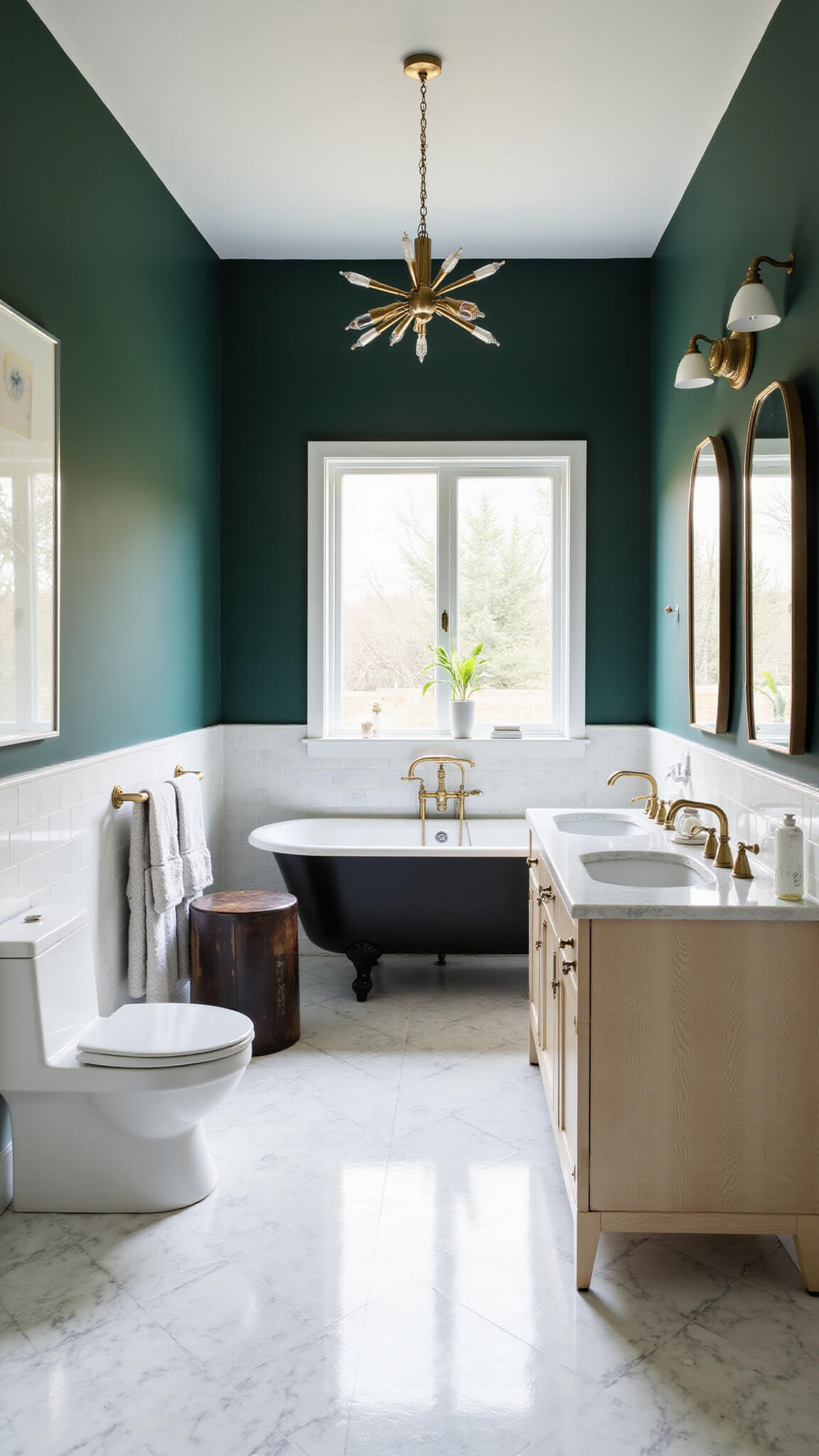 Wide-angle view of elegant 12x15ft master bathroom with matte black clawfoot tub, gold sputnik chandelier, emerald green walls, bleached oak vanity, and Carrara marble herringbone floor.