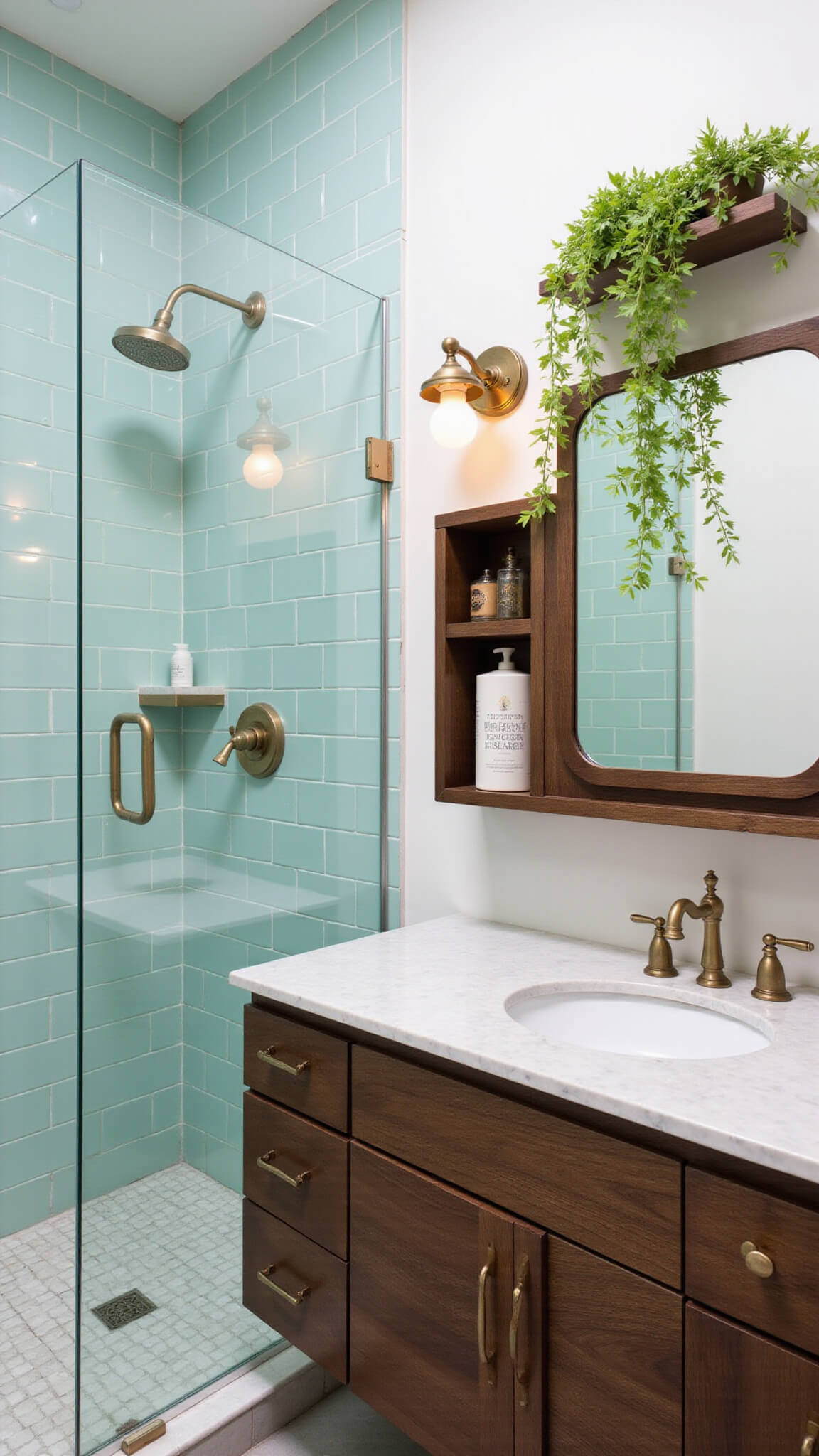 Close-up of bathroom corner with glass shower, seafoam green subway tiles, floating walnut vanity with marble top, and vintage brass lighting.