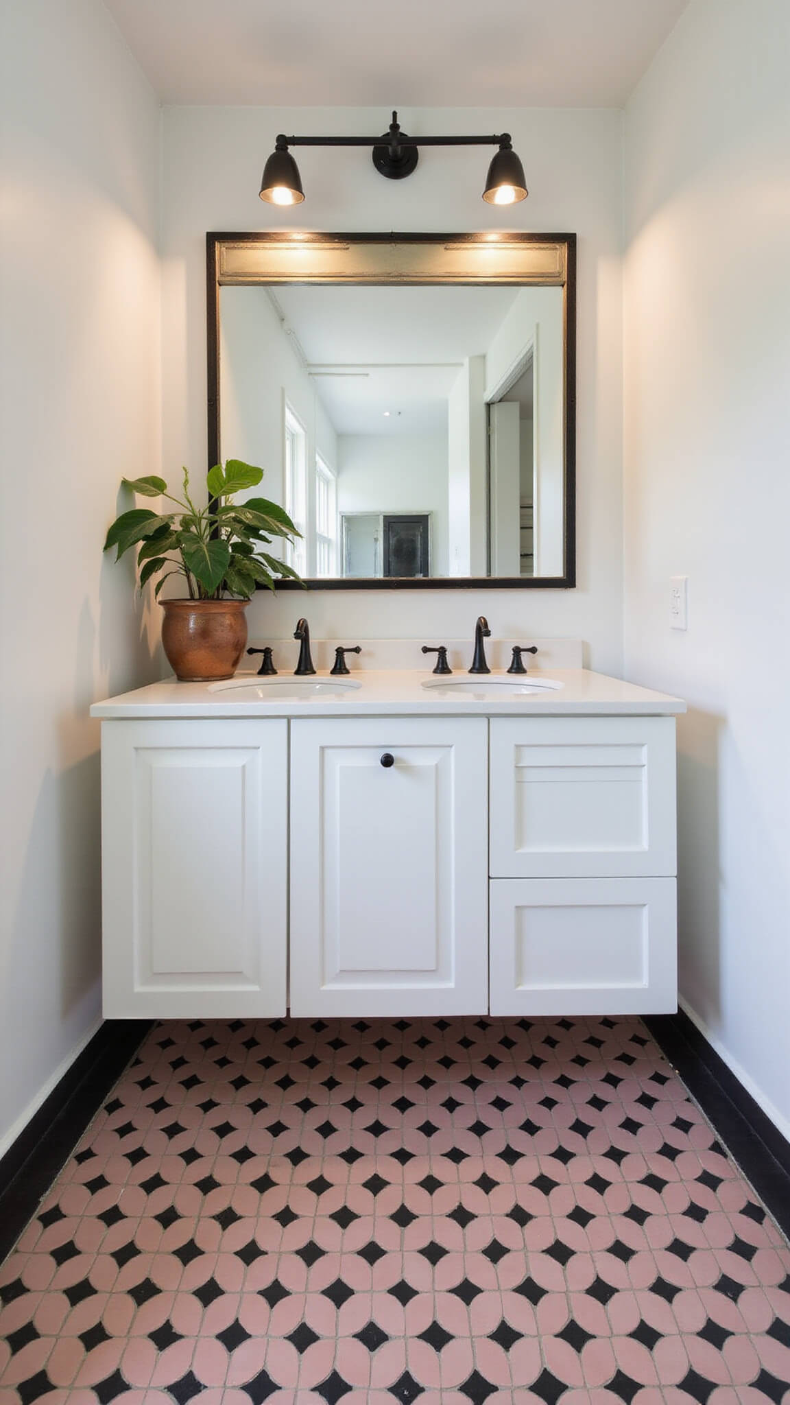 Overhead view of 7x9ft bathroom with restored 1940s pink and black geometric floor tiles, modern matte white floating vanity, vintage black fixtures, original ribbed glass medicine cabinet, hidden LED crown molding lighting, and antique copper plant holder.