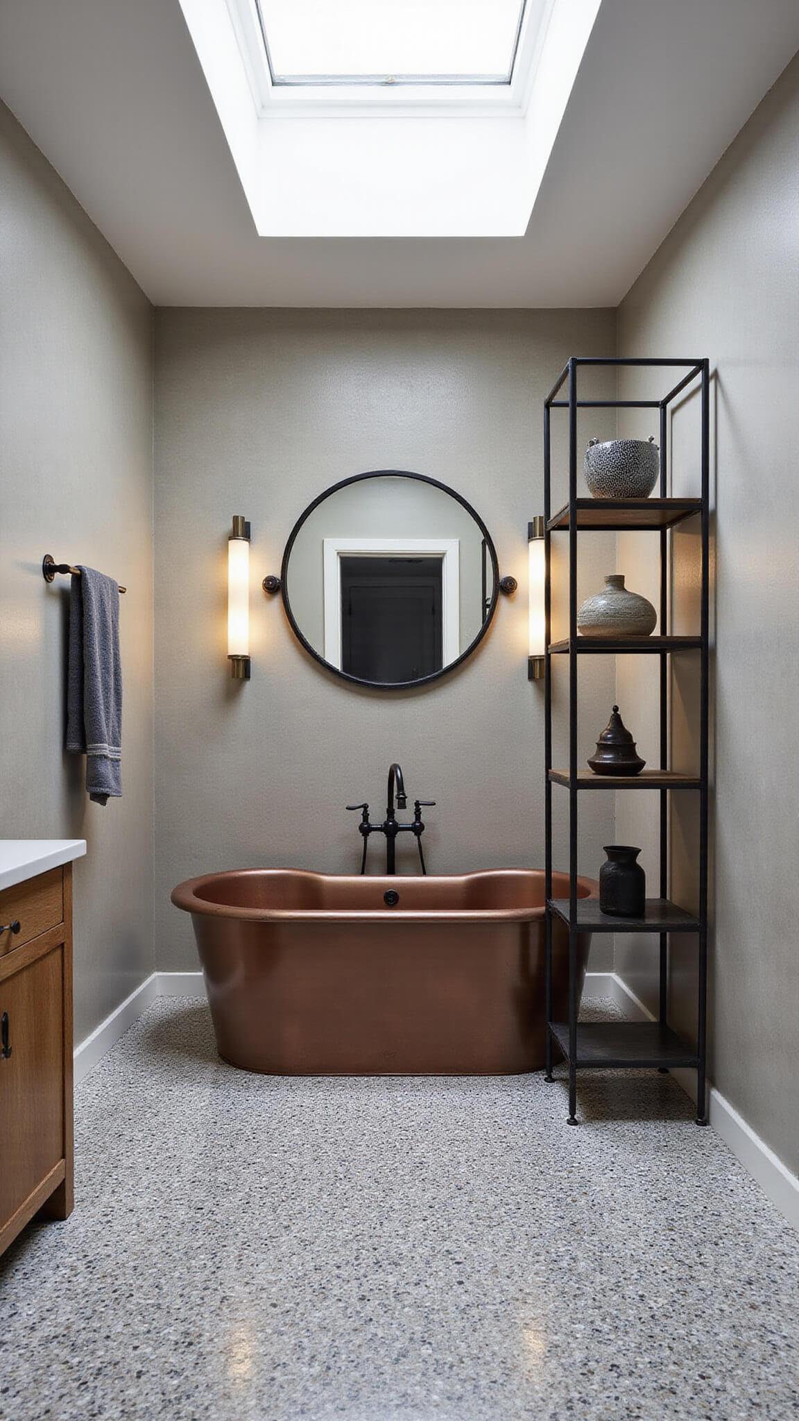 Twilight view of spa-like bathroom with copper vintage soaking tub, terrazzo floors, teak vanity, 1950s mirror, and industrial shelving.