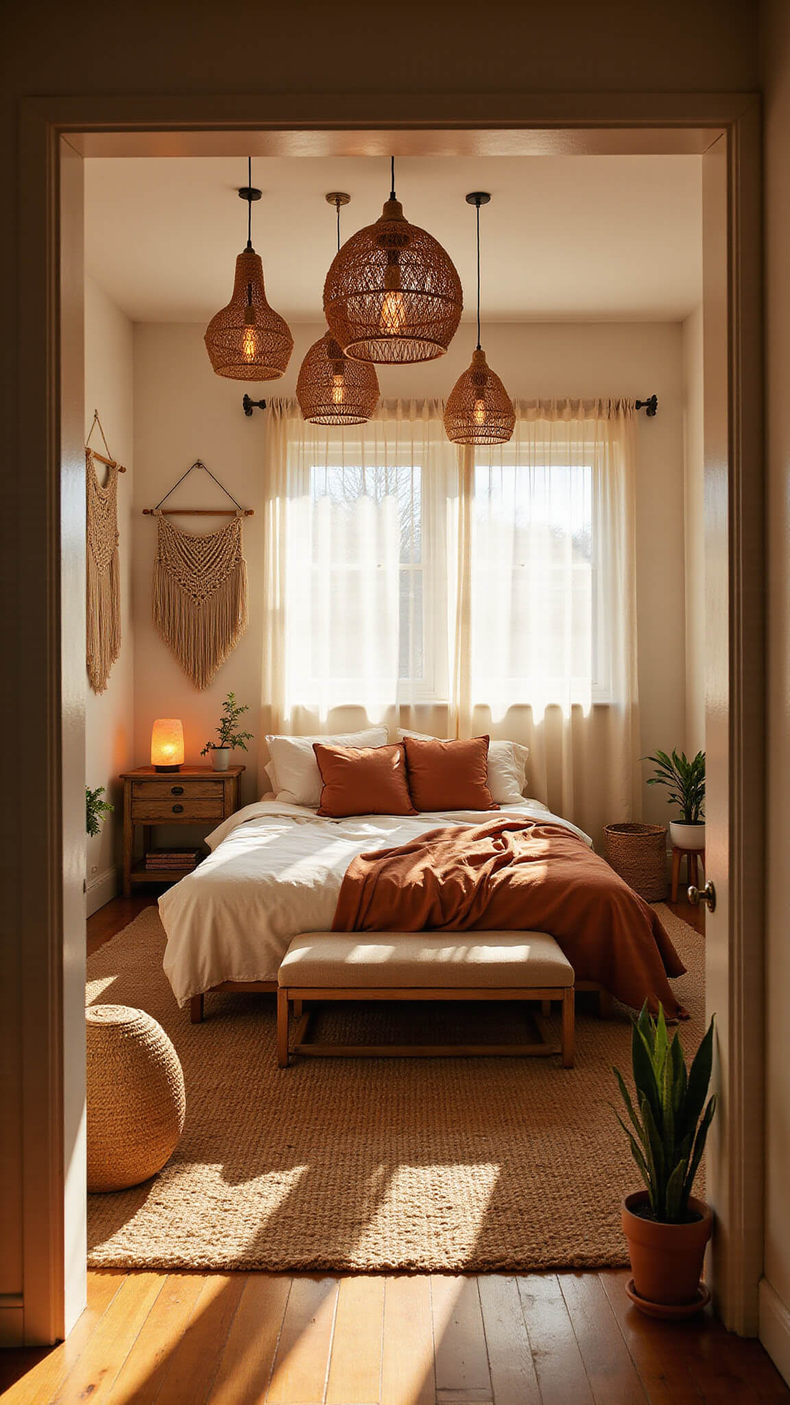 Golden hour view of a cozy 14x16ft bedroom with a vintage brass bed, cream and rust linens, rattan pendant lights, Himalayan salt lamp, macramé wall hangings, and natural decor in warm earthy tones.