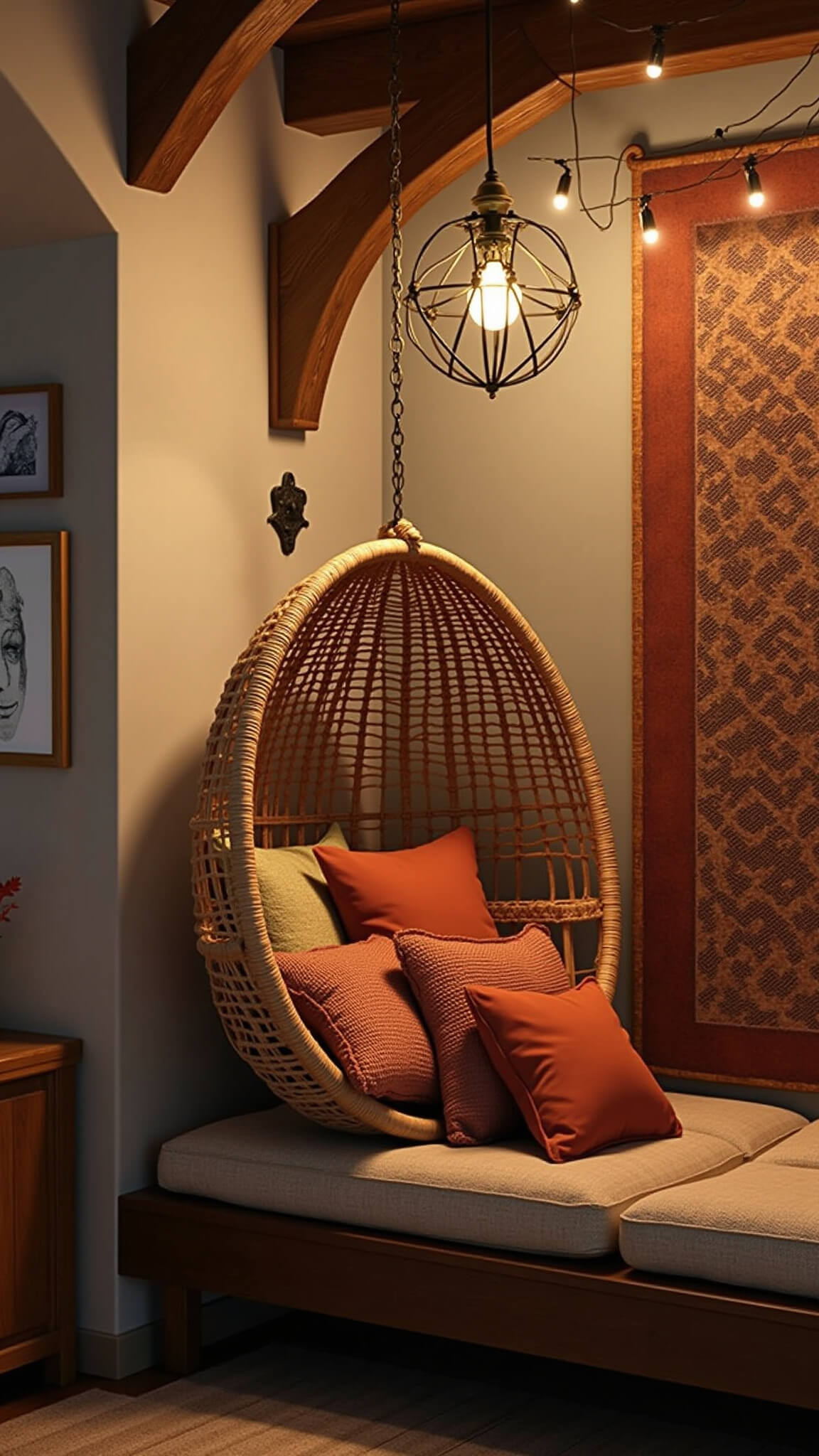 Cozy reading nook at dusk with hanging rattan egg chair, warm string lights, brass floor lamp casting patterns, and earth-toned textiles.
