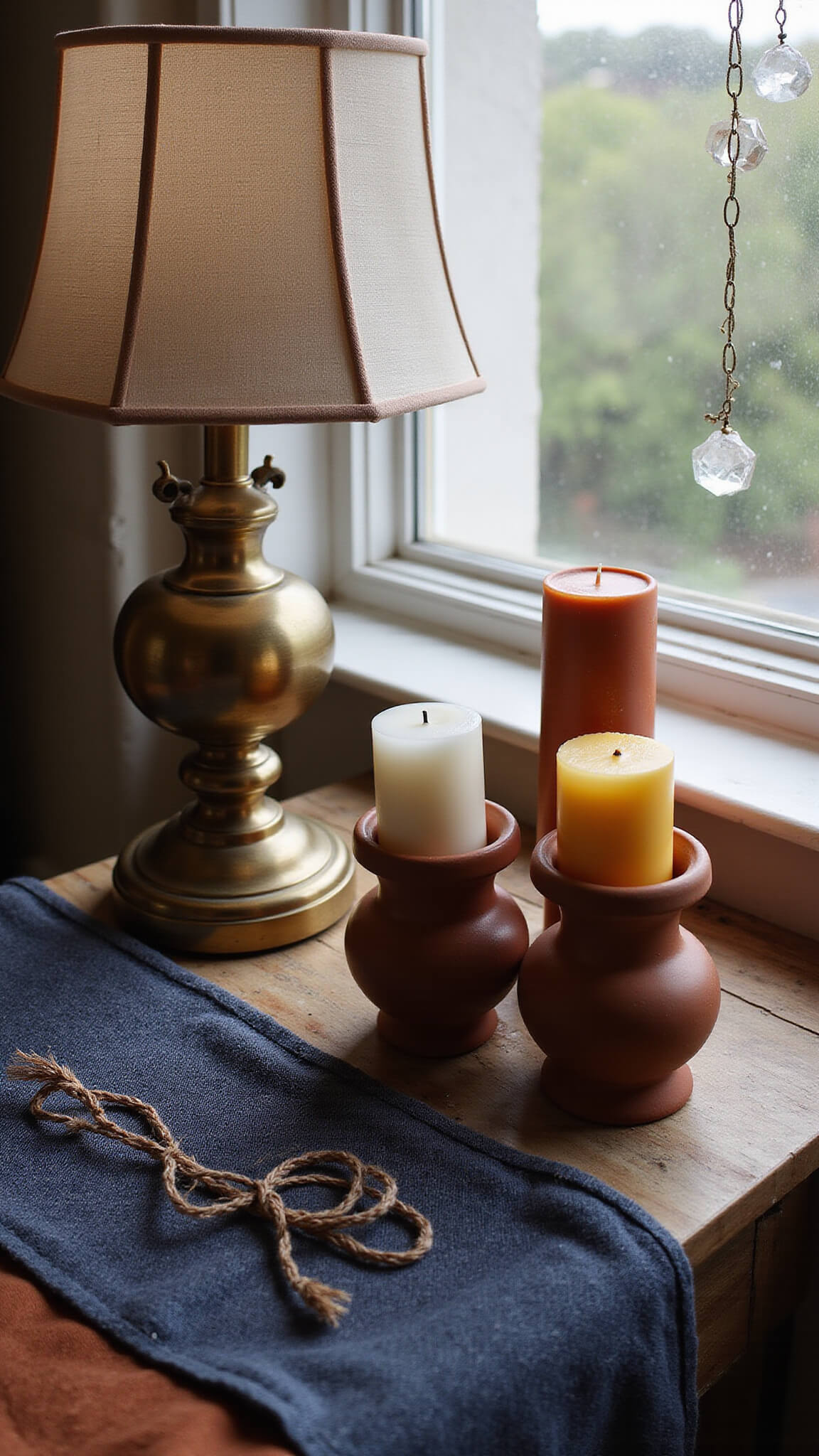 Top-down view of a bohemian bedside scene with brass lamp, terracotta candles, crystal prisms, and layered textile runners.