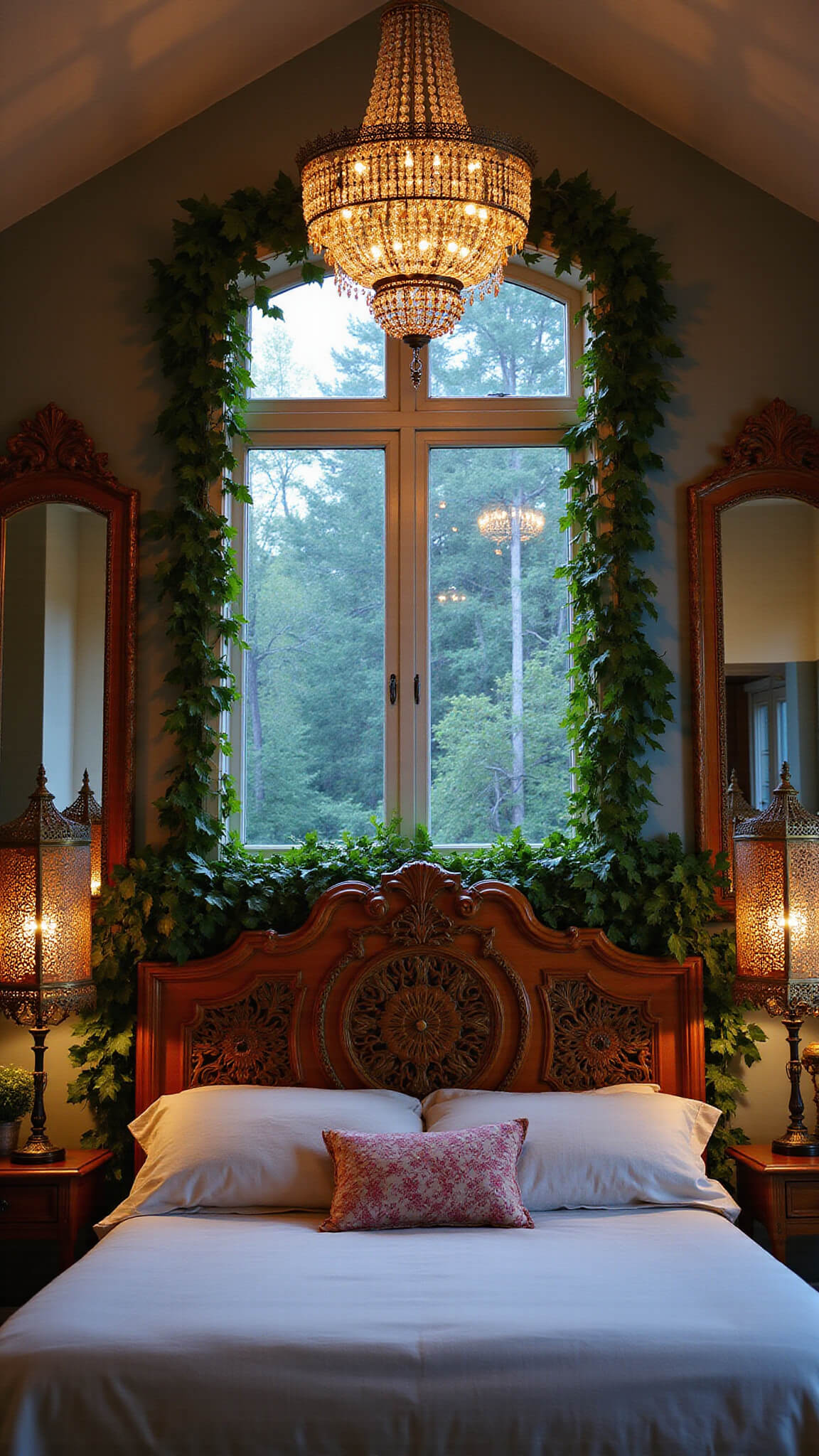Blue hour view of a symmetrical bedroom sanctuary with vaulted ceiling, vintage chandelier, fairy lights framing tall windows, mirrors reflecting light, carved wooden headboard with ivy, and Moroccan lanterns casting colorful shadows.