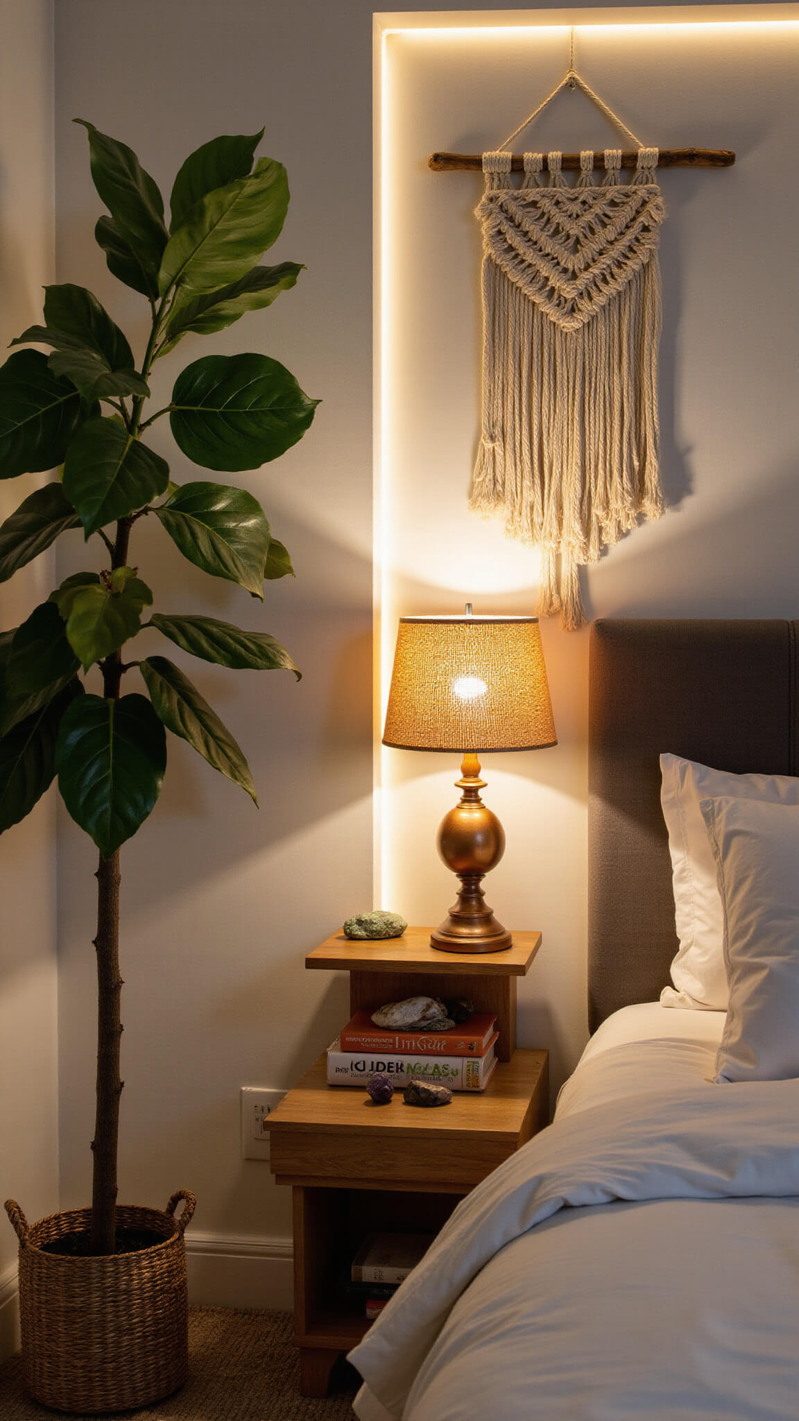 Layered bedroom lighting with fiddle leaf fig lit by copper floor lamp, rattan lamp on shelf beside vintage books and crystals, warm LED glow behind macramé wall hanging.