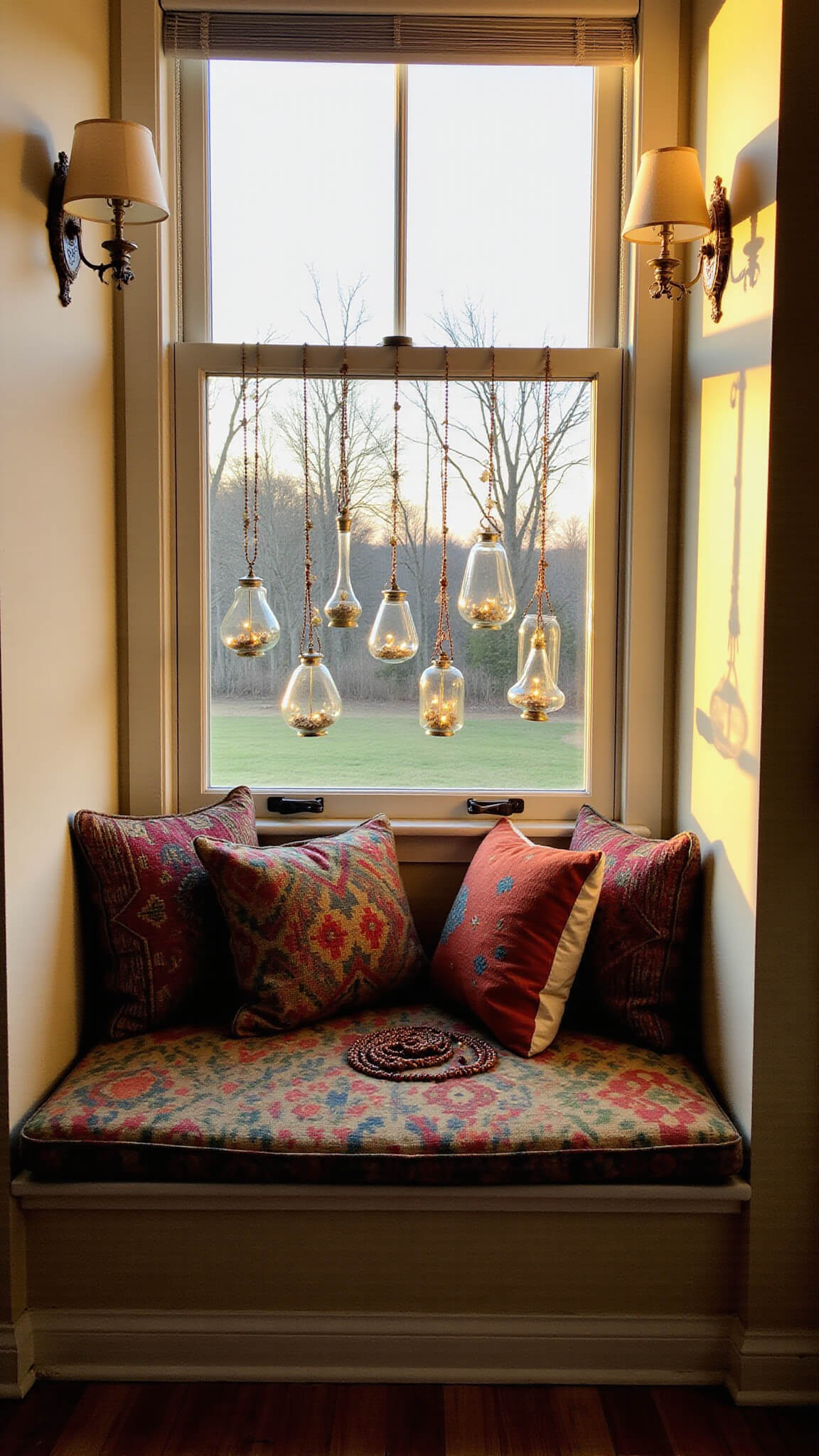 Cozy window seat at sunrise with jewel-toned pillows, hanging terrariums with fairy lights, brass sconces, prayer beads, and incense holder in warm golden light.