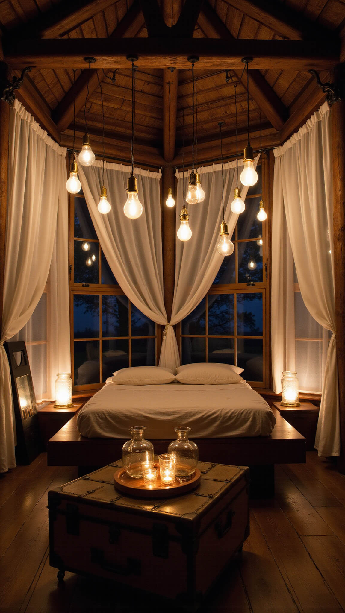 Moody nighttime bedroom with king bed under pendant lights, soft warm lighting from candles, salt lamps, and twinkle lights, vintage trunk as coffee table.