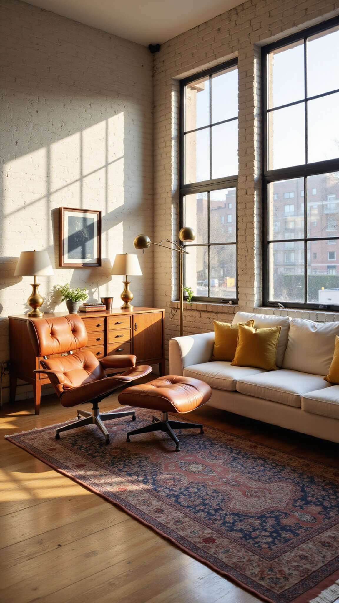 Sunlit living room with cognac leather Eames chair, whitewashed brick walls, Danish teak sideboard, Persian rug, and white linen sofa with mustard pillows at golden hour.