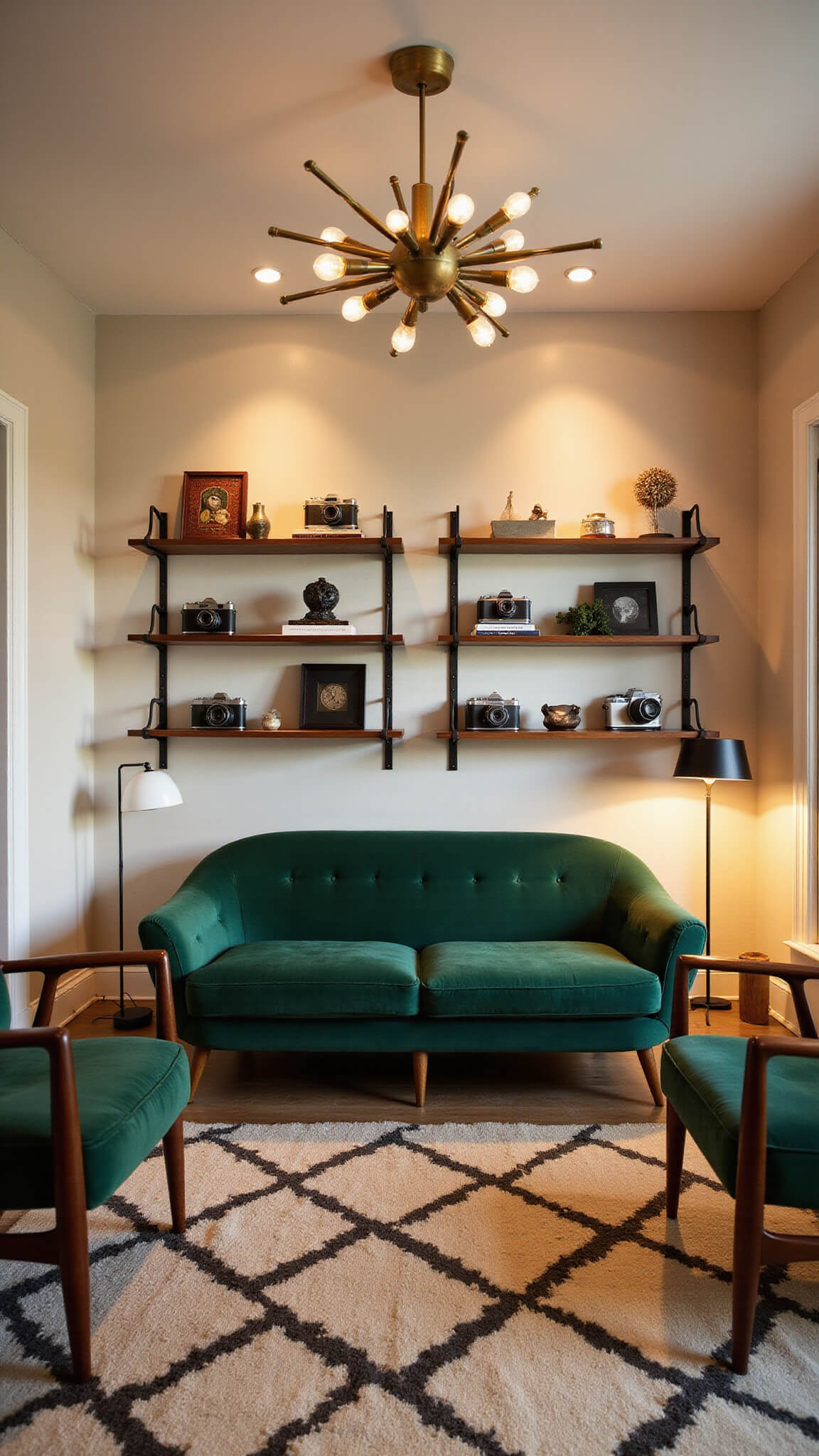 Cozy 15x18ft living room at dusk with emerald green curved sofa, 1960s rosewood chairs, brass Sputnik chandelier, ivory textured walls, walnut shelves with vintage decor, and geometric cream and charcoal rug.