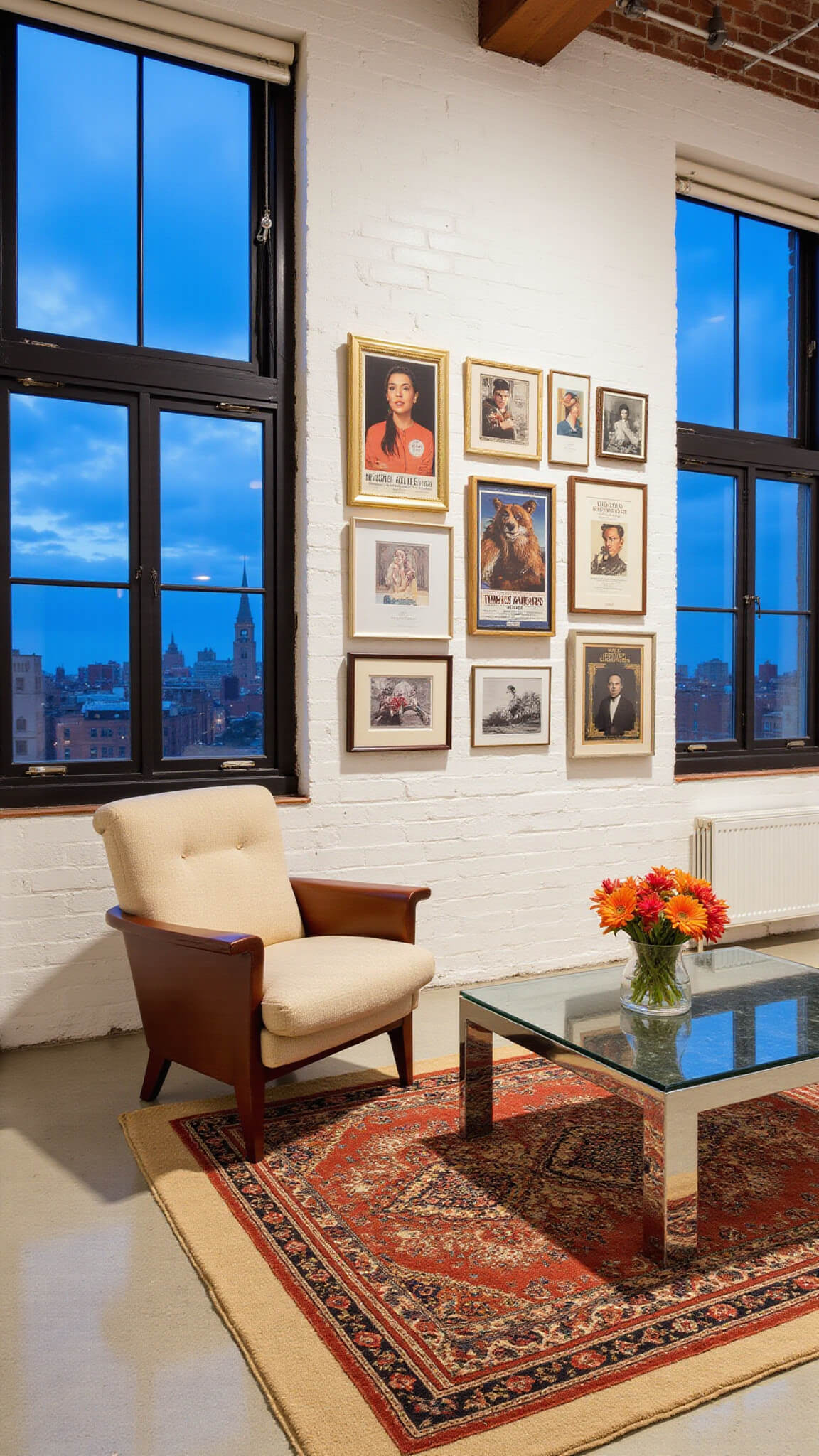 Loft-style room with warehouse windows, mid-century chair, chrome coffee table, gallery wall, layered rugs, and white-painted brick during blue hour.