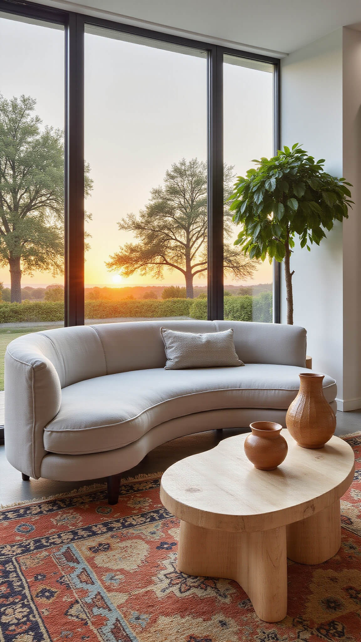 Eye-level view of a sunset-lit room featuring a pearl grey Vladimir Kagan serpentine sofa, organic bleached oak coffee table, layered Moroccan rug over seagrass, ceramic vessels on a floating console, and a fiddle leaf fig tree in golden light.