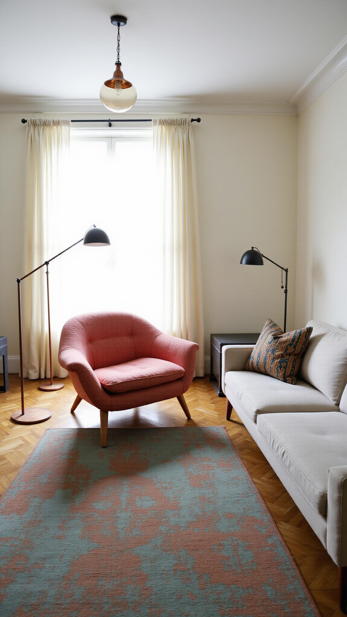 Low-angle view of sunlit colonial revival room with modernist furniture, Womb chair in coral bouclé, greige linen sofa, overdyed Persian rug, and mixed metal accents.