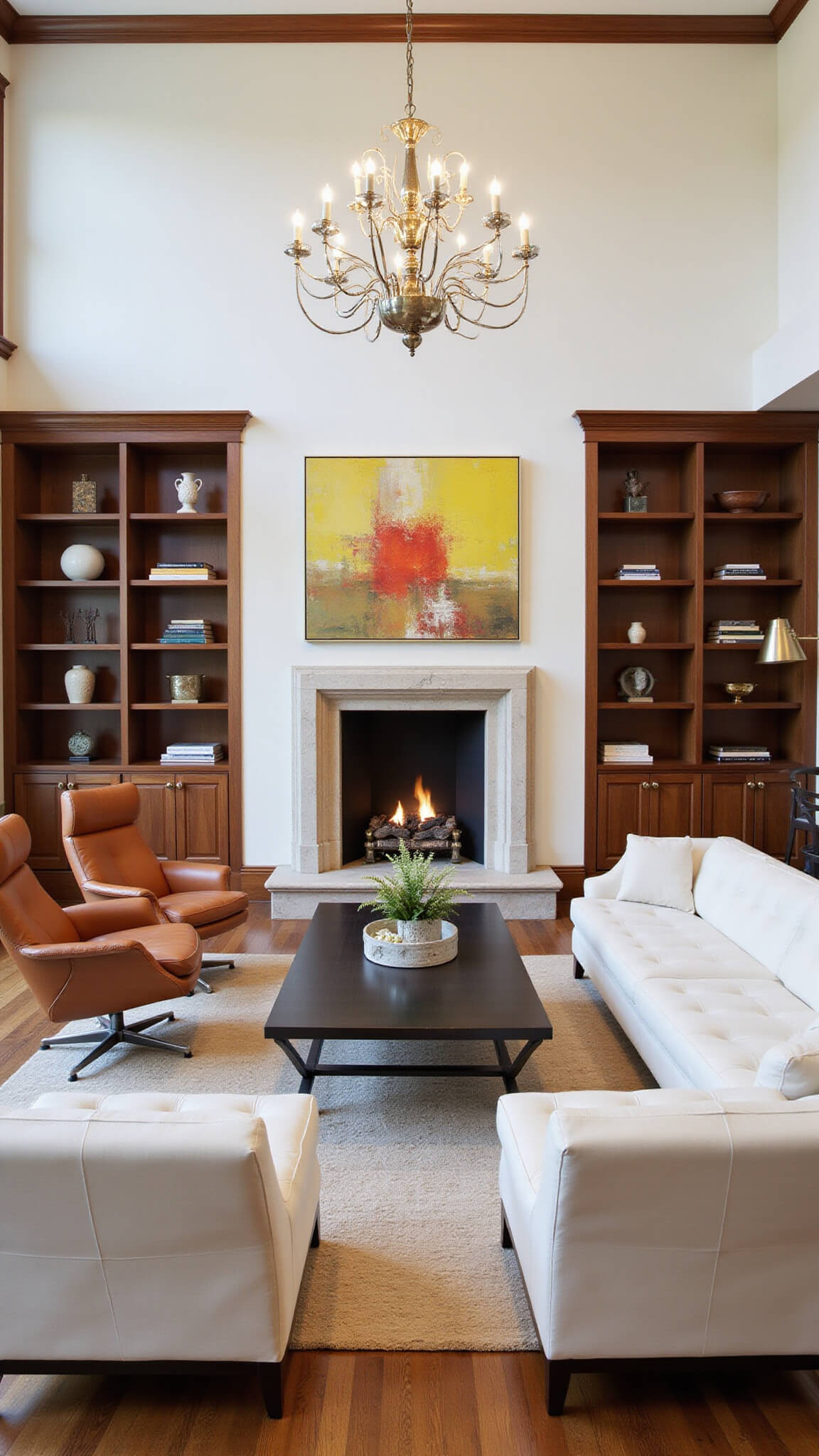 Symmetrical twilight view of great room with limestone fireplace, walnut shelves, caramel leather swivel chairs, ivory bouclé sofa, Murano glass chandelier, and abstract painting.