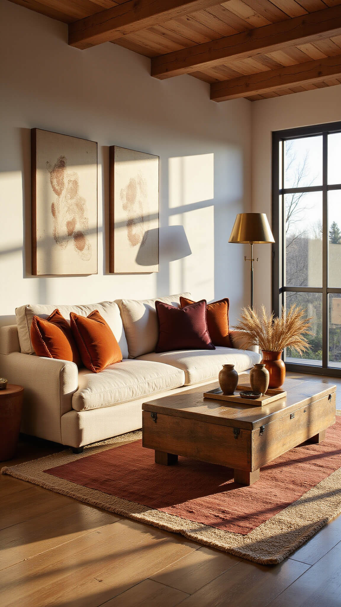 Sunlit living room with cream sofa, velvet pillows, rustic coffee table, and warm earth-toned decor during golden hour.