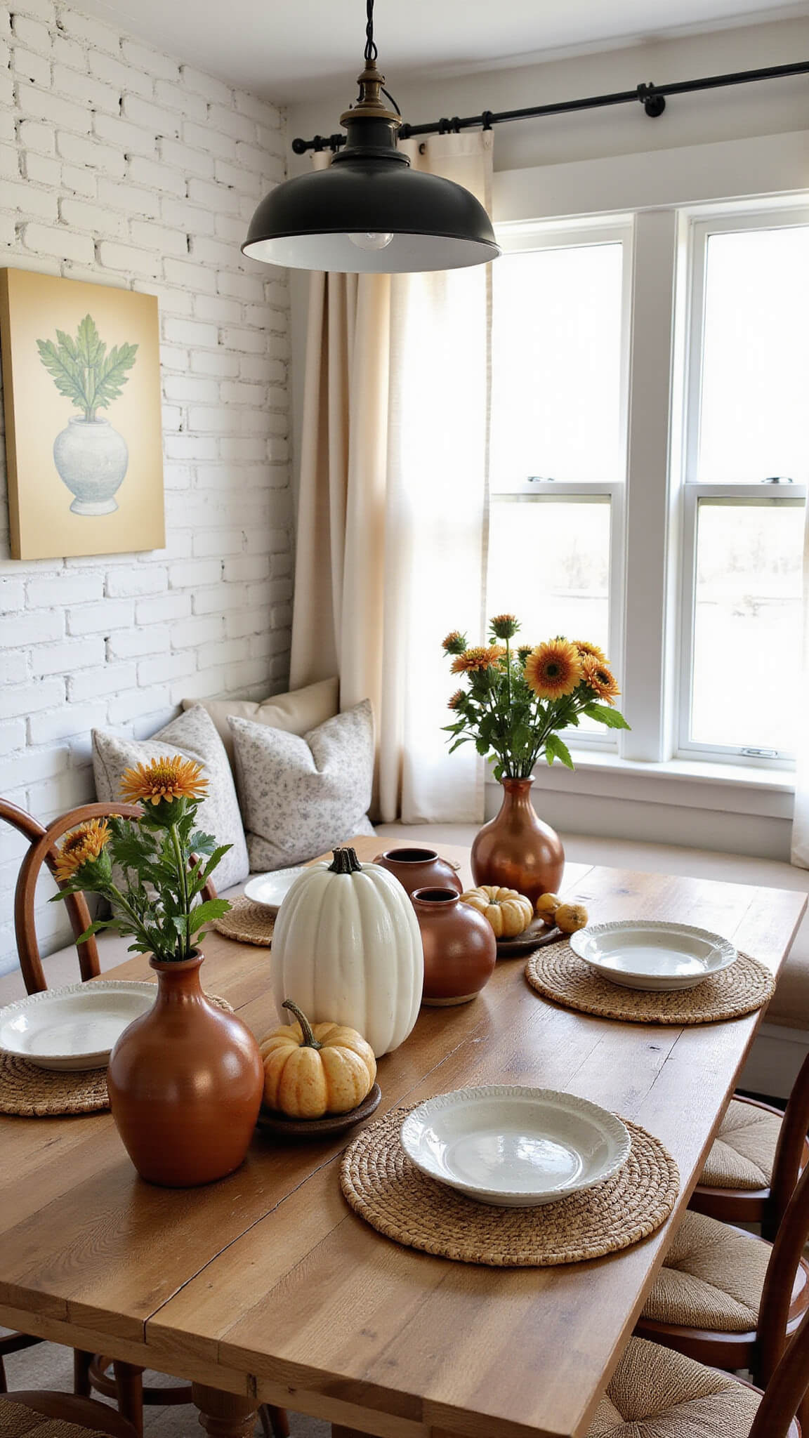 Cozy kitchen nook with farmhouse table styled with autumnal decor, warm ceramics, and soft morning light against a white-painted brick wall.