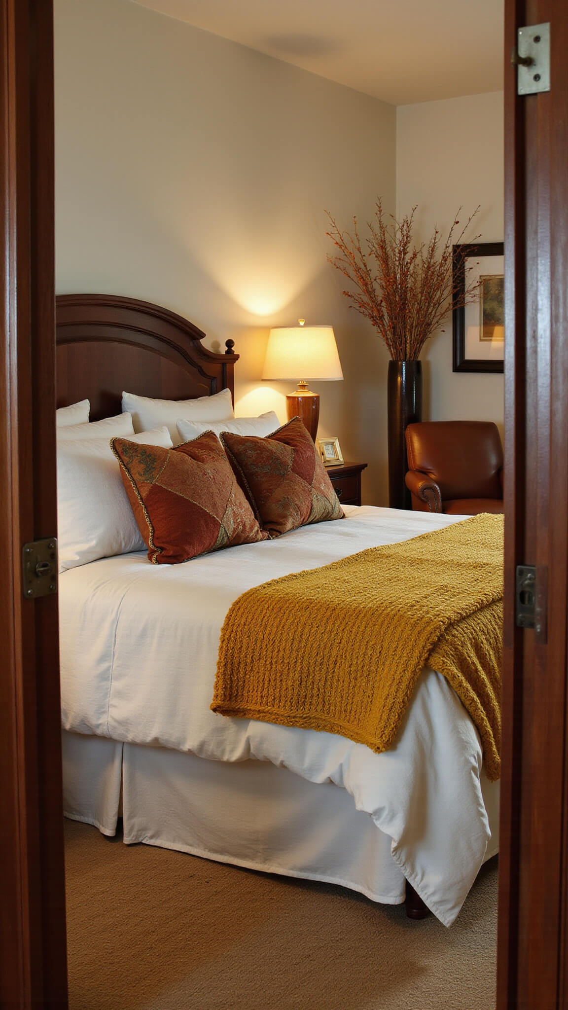 Cozy master bedroom at dusk with king bed in ivory linens, mustard throw, rust pillows, brass lamps on dark wood headboard, dried branches in vase, leather armchair, and warm amber lighting over layered jute and sisal rugs.