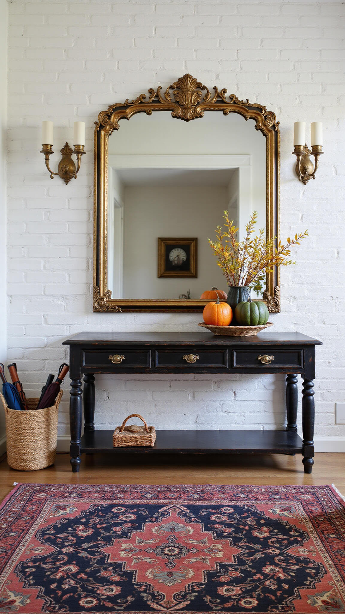 Low-angle view of dramatic entryway with 12ft ceiling, featuring a distressed black vintage console table against a white-washed brick wall, oversized antique mirror reflecting ombre heirloom pumpkins, brass wall sconces, jewel-toned runner, and woven basket with umbrellas.