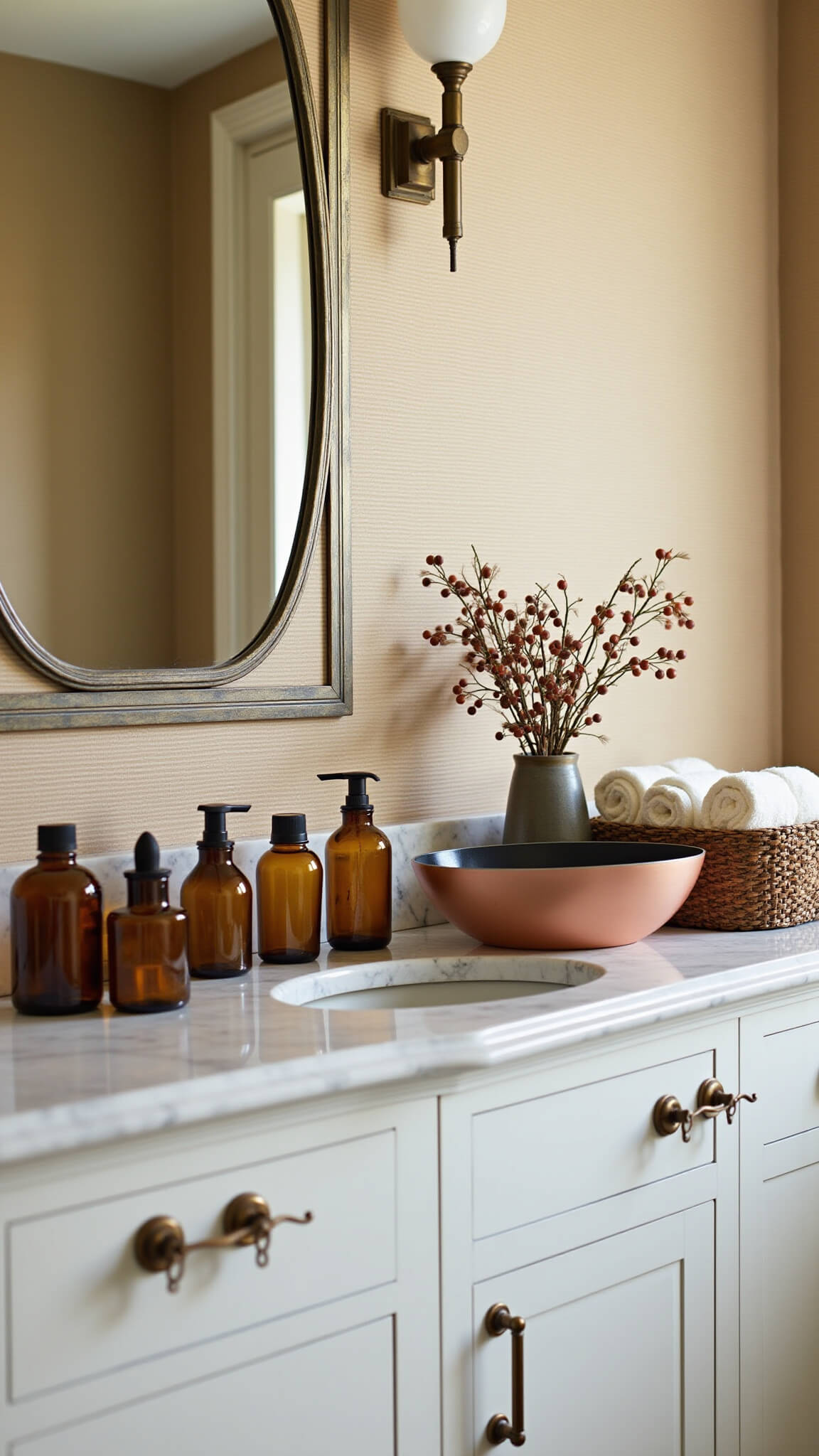 Elegant bathroom vanity with copper sink, amber jars, vintage mirror, and dried floral arrangement on marble counter.